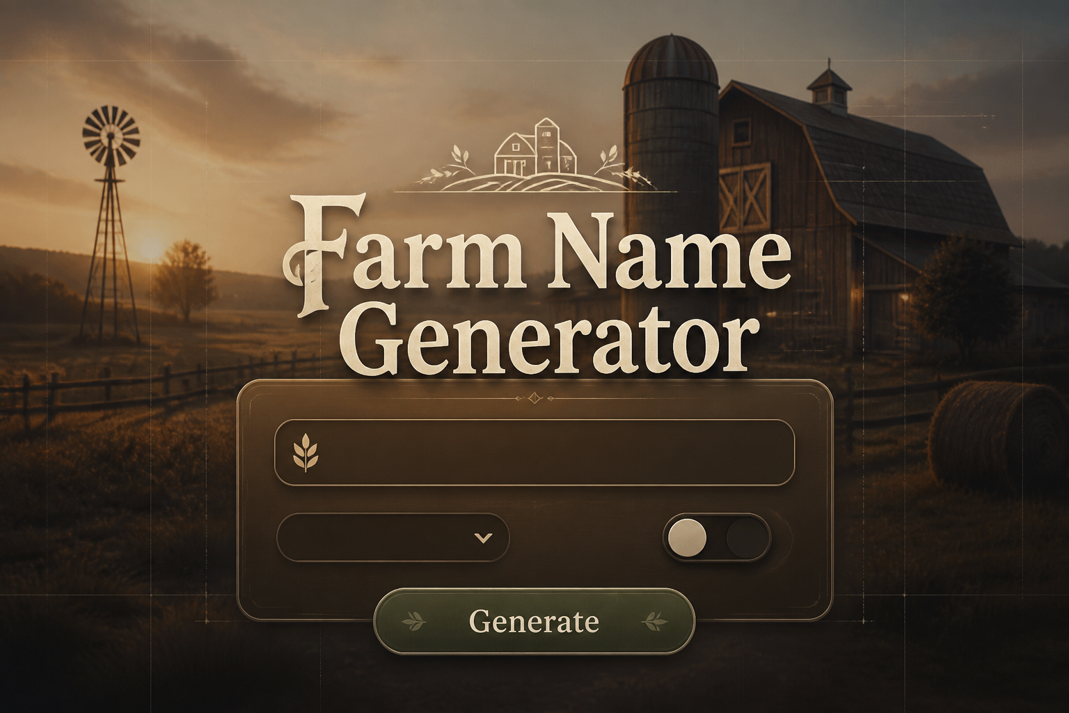 Hero graphic for a farm name generator with a centered smart UI panel, a farm type input, dropdown, style toggle, and Generate button over a fading barn-and-fields background, ideal for creative farm naming ideas and rural business name generator use.