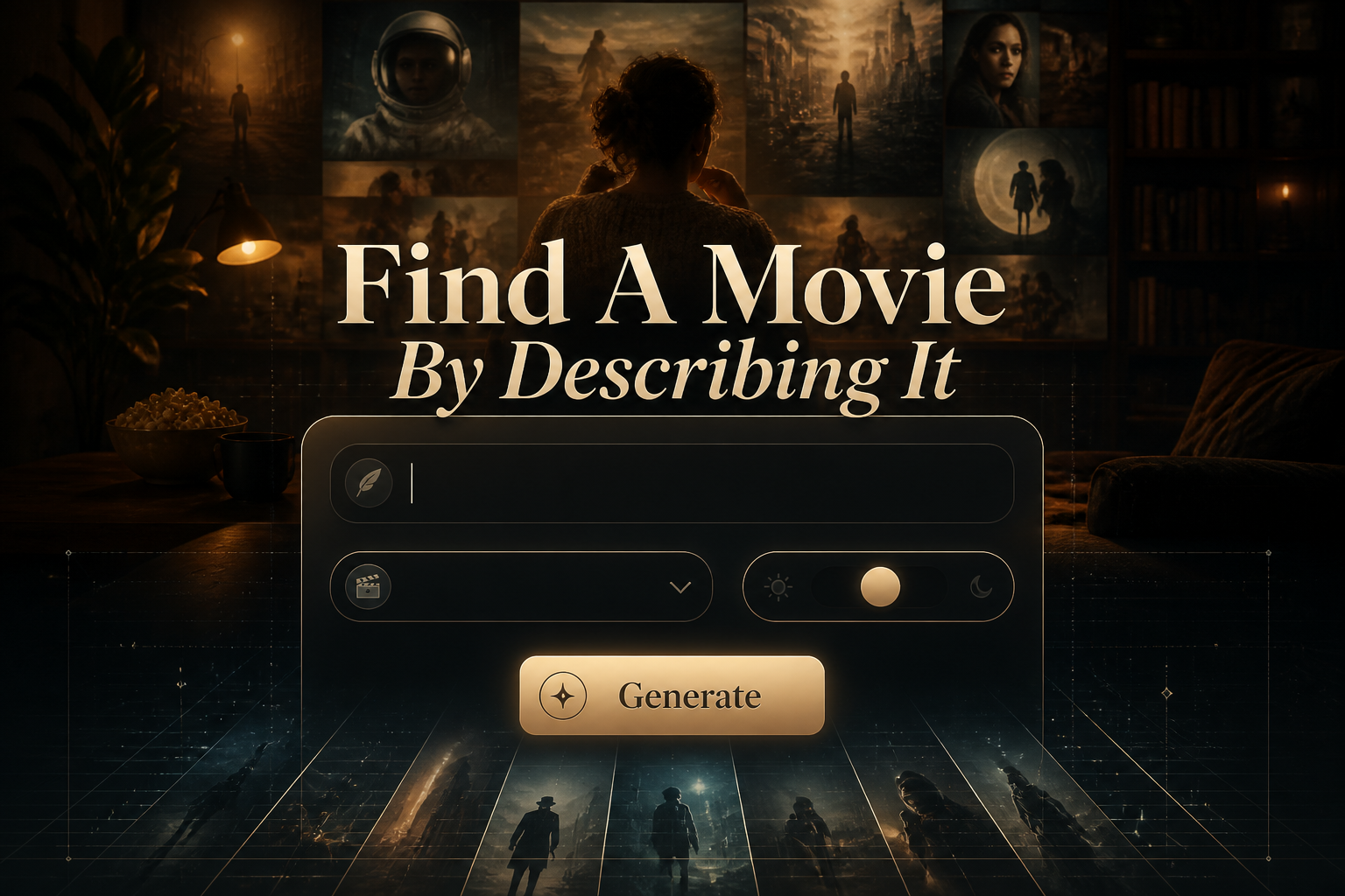 Centered cinematic hero graphic for a movie discovery tool with the title "Find A Movie By Describing It," a description input, genre dropdown, mood/era toggle, and Generate button, in a premium find a movie by description search UI with subtle grid details.
