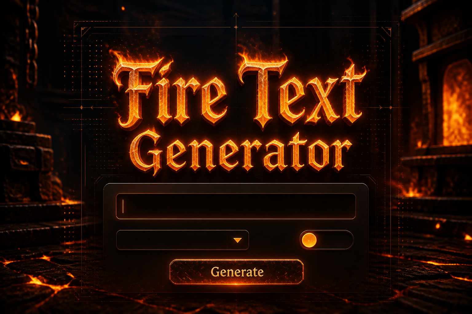 Centered hero graphic showing "Fire Text Generator" in warm glowing type above a sleek UI panel with a fire text generator input, flame style dropdown, intensity toggle, and Generate button over ember-lit background with subtle grid lines.