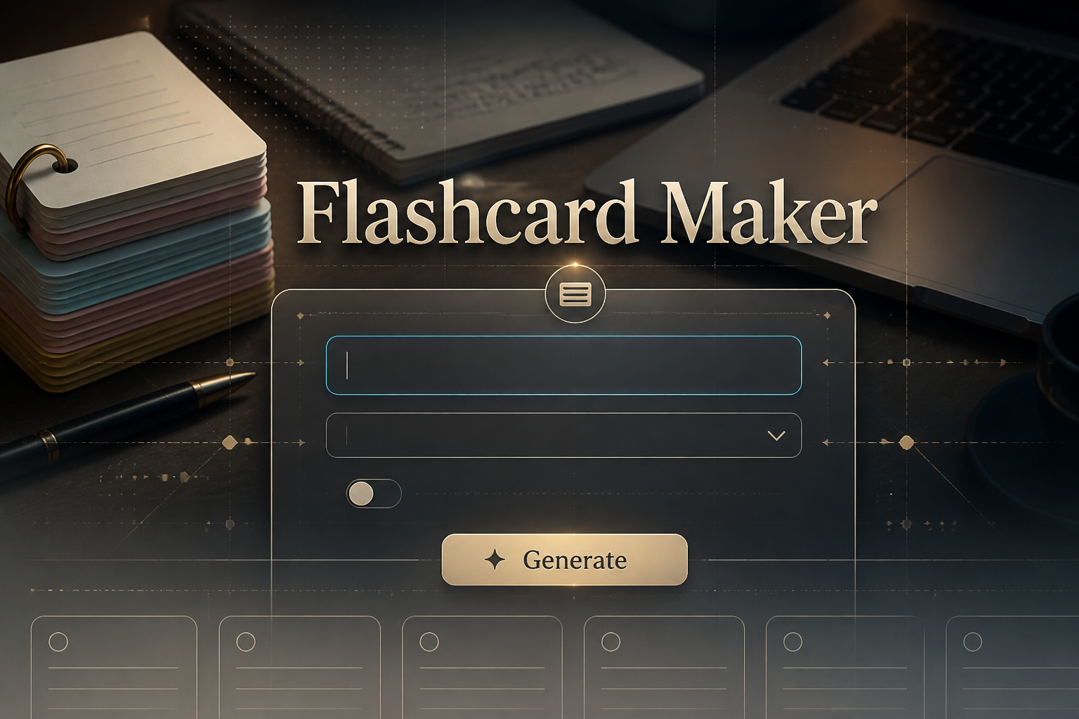 Centered hero image of a flashcard maker interface with the title Flashcard Maker, a topic input, card set style dropdown, auto shuffle toggle, and Generate button over a polished study desk scene with stacked flashcards and a laptop.