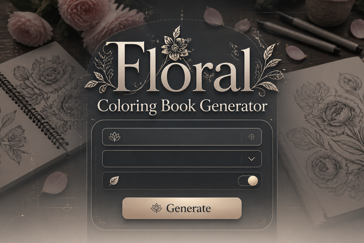 Centered hero graphic for a floral coloring book generator with the title text, a flower style input, dropdown, line detail toggle, and Generate button over a polished desk scene with sketchbooks and petals, ideal for a floral coloring book maker and flower coloring page generator.