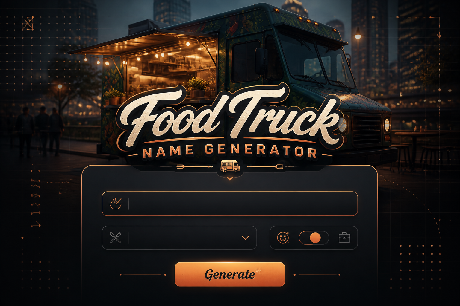 A premium food truck name generator hero image shows a centered UI panel with niche input, style dropdown, playful/professional toggle, and Generate button over a vibrant city food truck scene with subtle grid lines and soft-shadowed title.