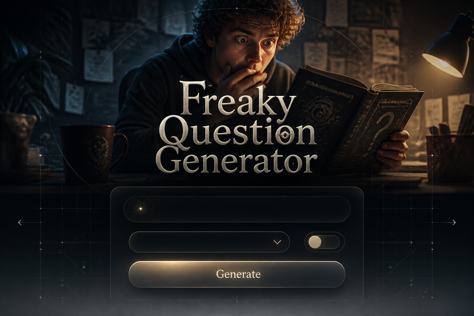 Featured hero image for Freaky Question Generator with a centered sleek UI panel, bizarre question seed input, blank dropdown, small toggle, and Generate button, set over a dramatic weird question discovery scene with subtle grid lines and premium shadows.