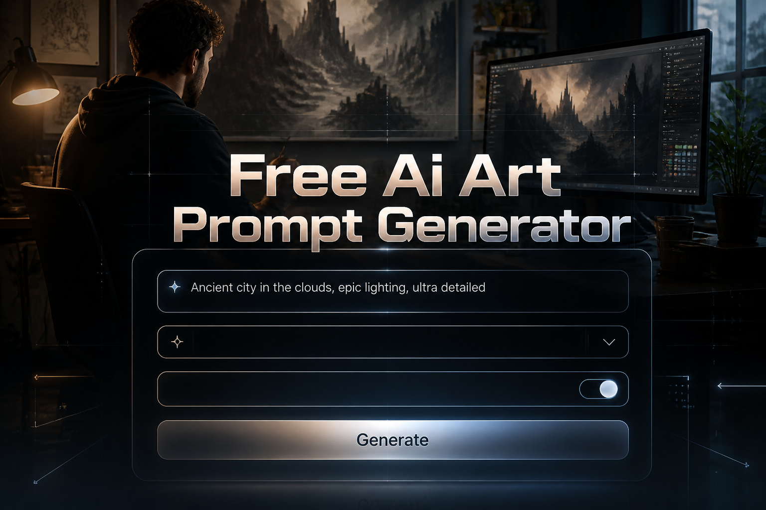 Centered hero image for a free AI art prompt generator showing a sleek editor panel with the title, one sample prompt field, style dropdown, creative intensity toggle, and Generate button over an artist workspace background.