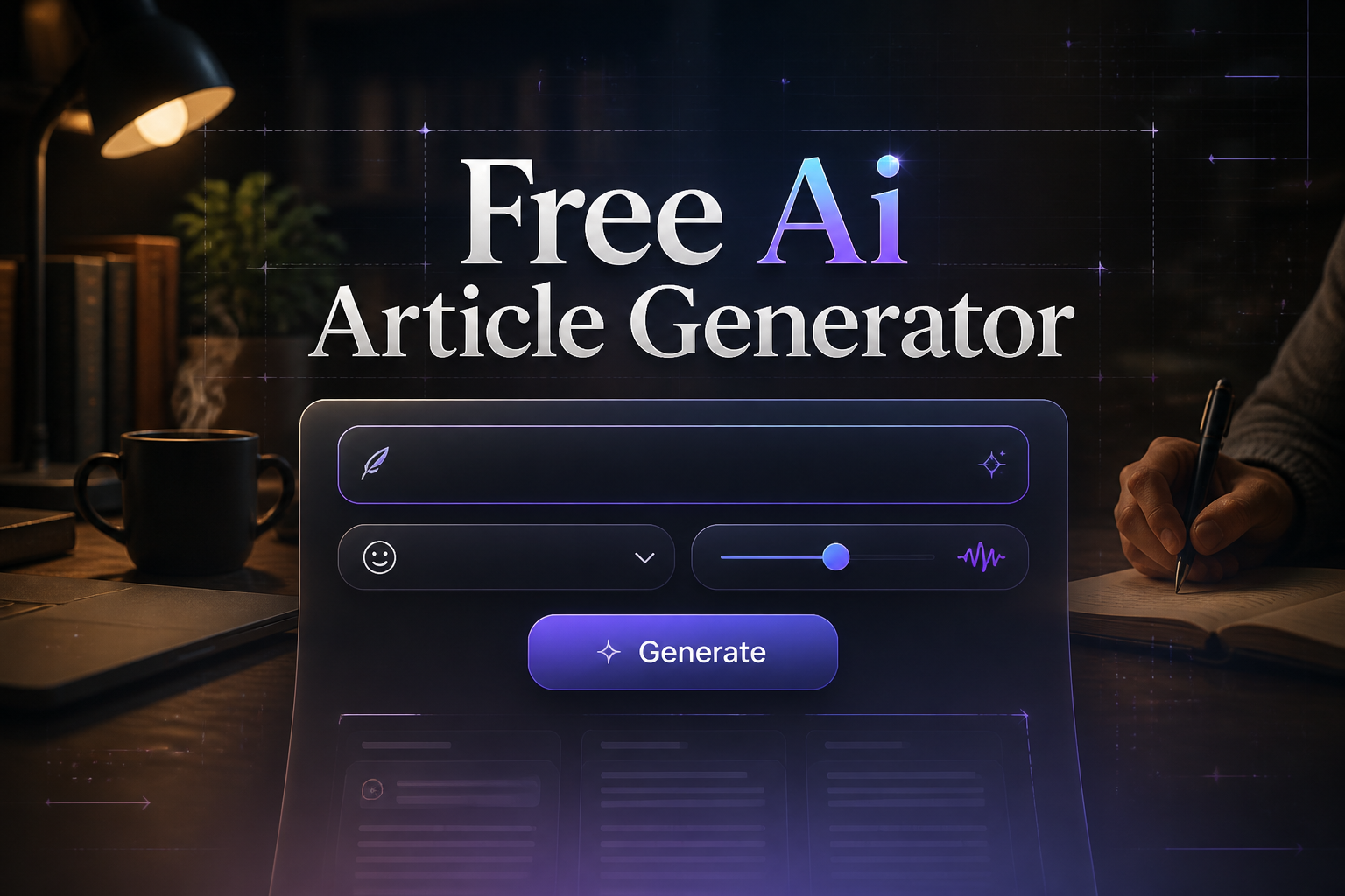 Centered premium hero graphic for a free AI article generator with the title "Free Ai Article Generator," a topic input, tone dropdown, creativity toggle, and Generate button, set over a sleek content-creation workflow background.