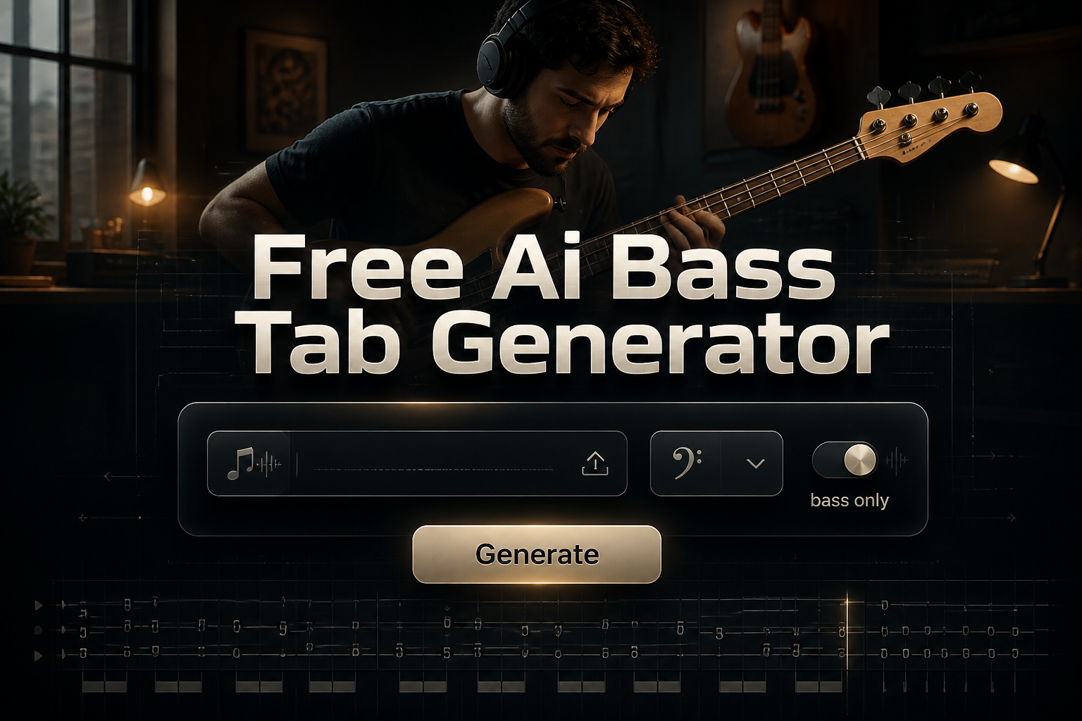 Centered hero image with "Free Ai Bass Tab Generator" in bold black-shadowed text above a sleek bass tab generator UI showing a song audio or link field, tuning dropdown, bass only toggle, and Generate button, ideal for free AI bass tab generator tools.
