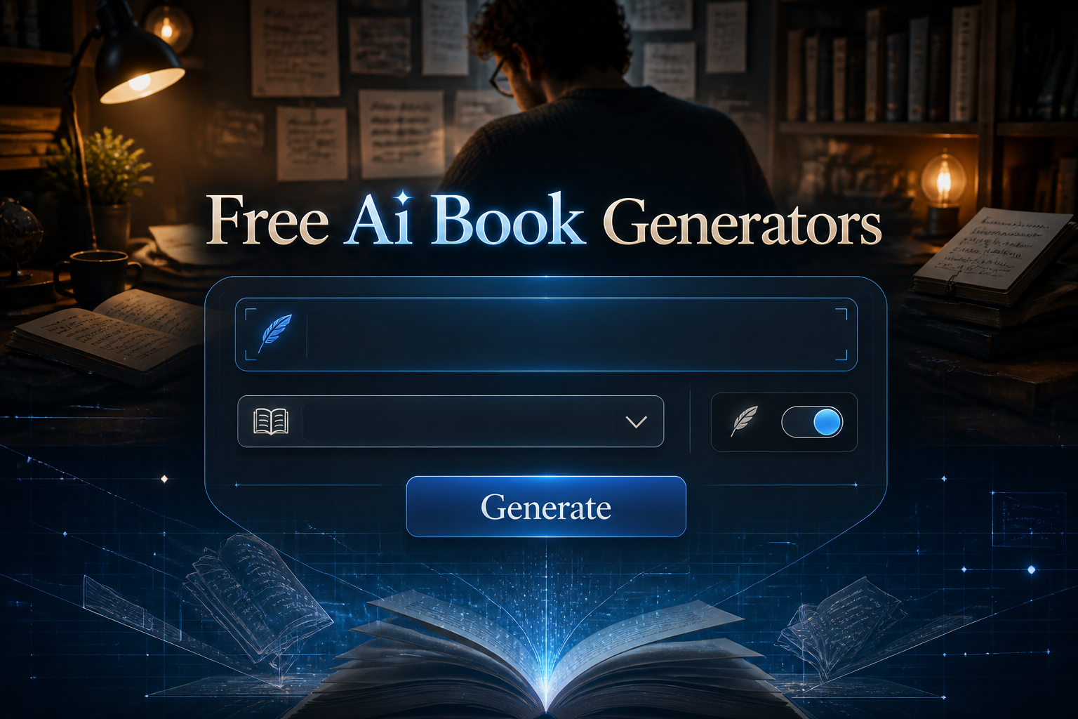 Centered hero graphic for a free AI book generator tool with "Free Ai Book Generators" text, prompt field, genre dropdown, tone toggle, and Generate button over a glowing author workspace with books and notes.