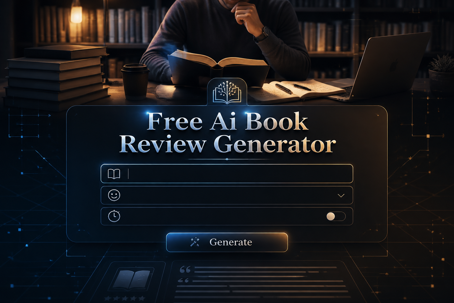 Centered hero graphic for a free ai book review generator shows a sleek dark UI panel with the title text, a book title/author input, review tone dropdown, review length toggle, and Generate button over a fading reader workspace with books, notebook, and laptop.