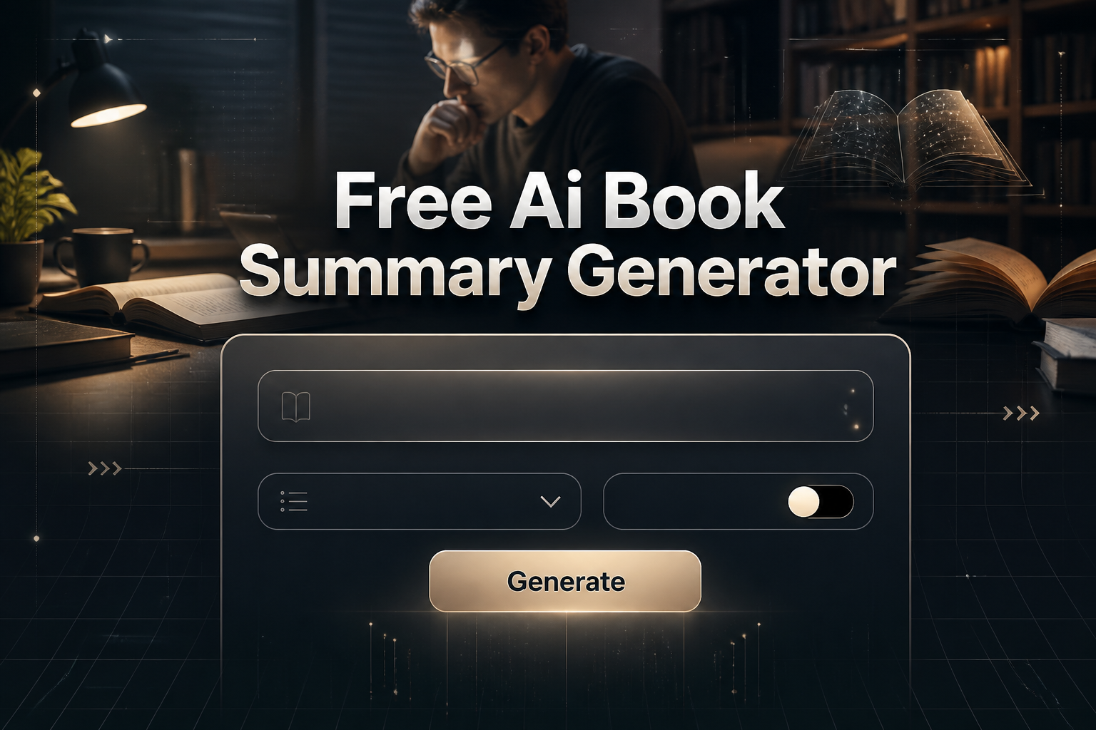 Centered hero graphic for a free AI book summary generator with the title text, a book title input, summary length dropdown, tone toggle, and Generate button over a polished reader-and-books background, ideal for AI book summary tool use.