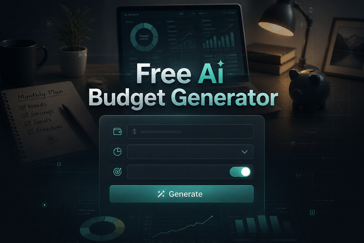Centered hero graphic for a free AI budget generator showing a sleek UI panel with a monthly income field, budget style dropdown, savings focus toggle, and Generate button, over a premium budgeting and financial planning background.