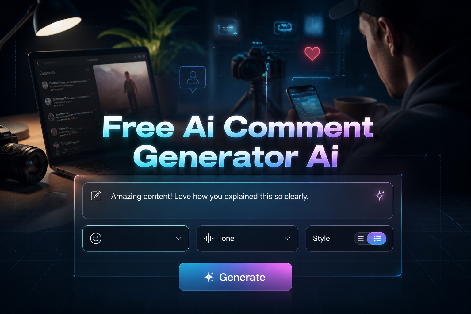 Featured hero image for a free AI comment generator tool showing a centered UI panel with a comment input field, tone dropdown, style toggle, and Generate button over a social media content creation background.