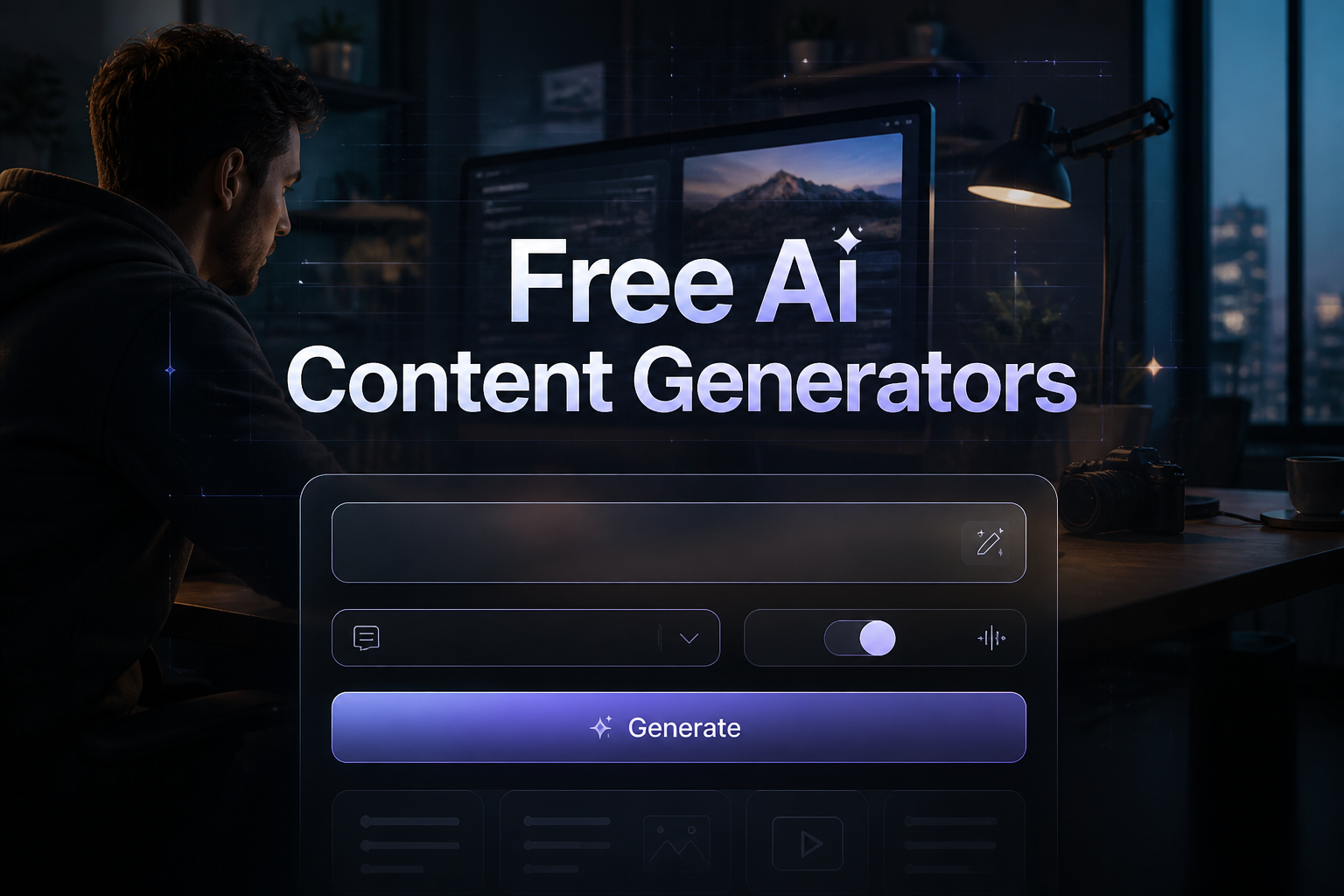 Featured hero image for free ai content generators showing a centered sleek UI panel with the title Free Ai Content Generators, one prompt field, a content type dropdown, a tone toggle, and a Generate button over a modern creator workspace background.