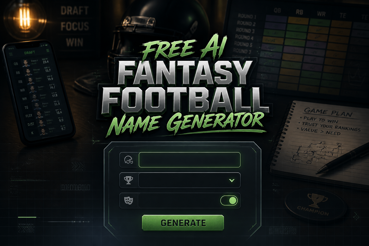 Featured hero image for a Free Ai Fantasy Football Name Generator showing a sleek centered UI panel with one team-style input, league vibe dropdown, humor toggle and Generate button over a glowing fantasy draft desk scene, ideal for fantasy football team names and AI fantasy name generator use.