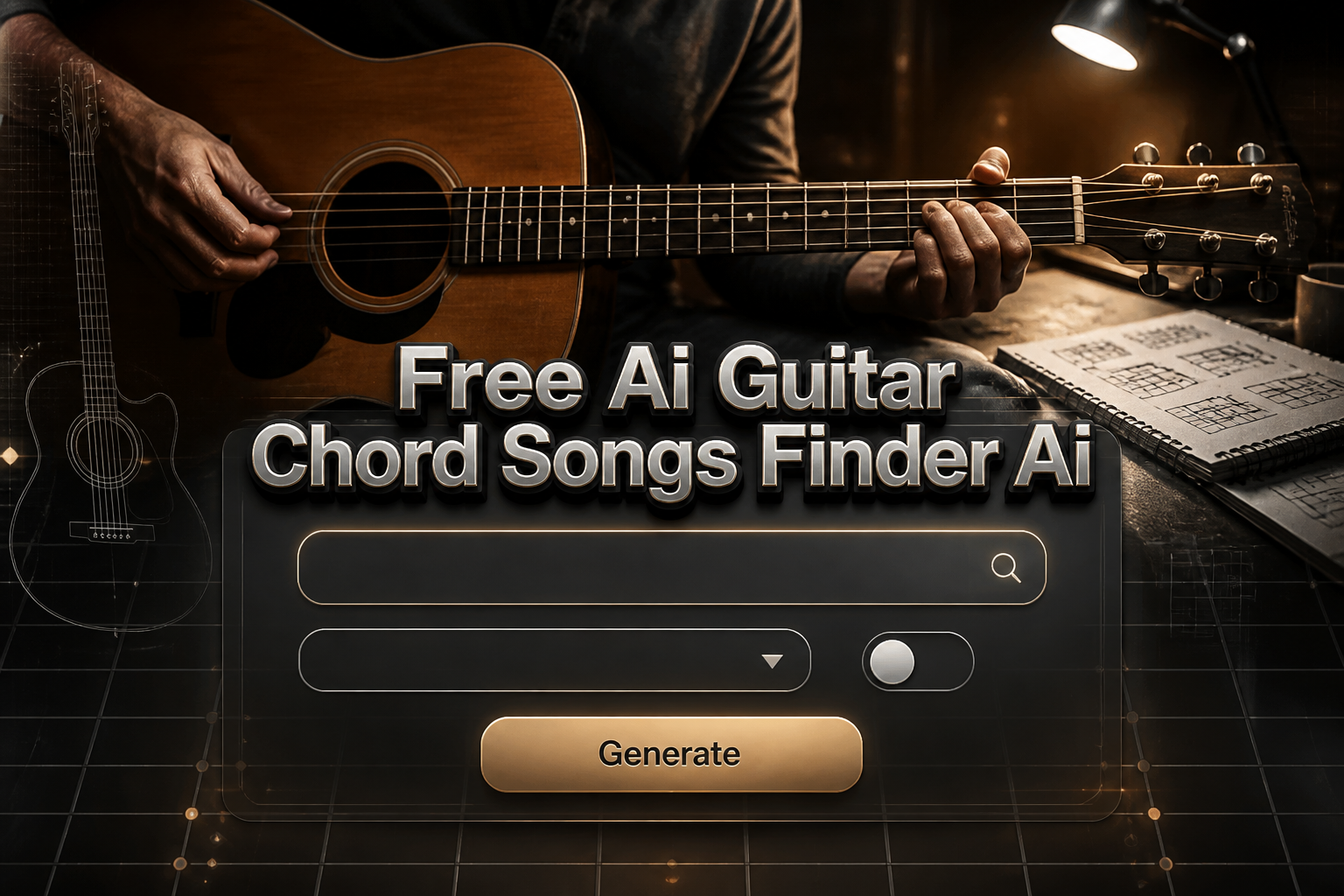 Centered hero graphic for an AI guitar chord song finder with the title "Free Ai Guitar Chord Songs Finder Ai," a song title or artist input, chord style dropdown, key or tuning toggle, and Generate button over a guitarist and sheet music background, ideal for free AI guitar chord songs finder and AI guitar chord finder tool.