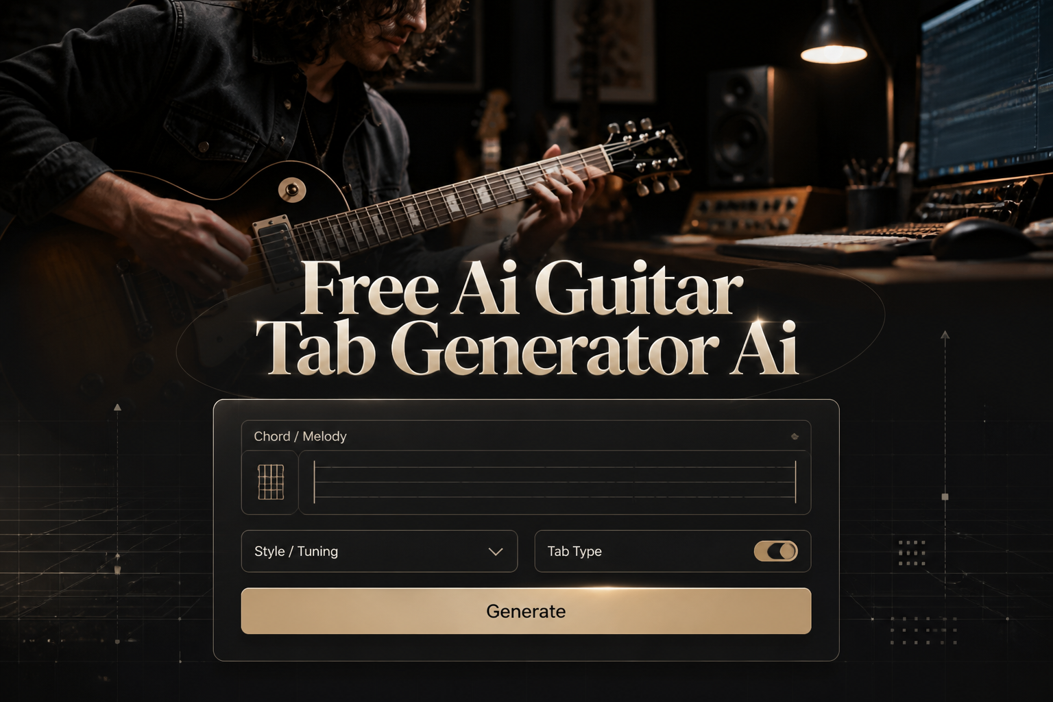 Centered hero graphic with the title Free Ai Guitar Tab Generator Ai over a sleek tab input panel, dropdown and Generate button, set on a high-contrast guitarist studio scene with subtle grid lines for free ai guitar tab generator and AI guitar tab creator.