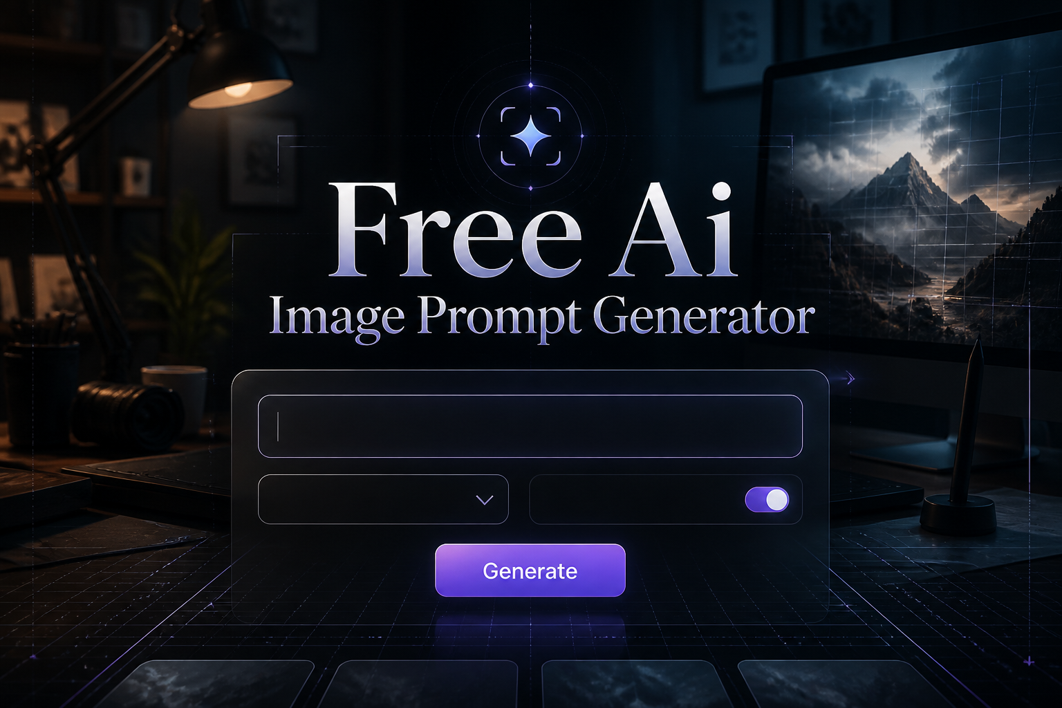A polished hero banner shows the text Free Ai Image Prompt Generator above a sleek AI image prompt generator UI with one prompt field, a blank dropdown, a textless toggle, and a Generate button over a dark creative workspace with subtle grid accents.