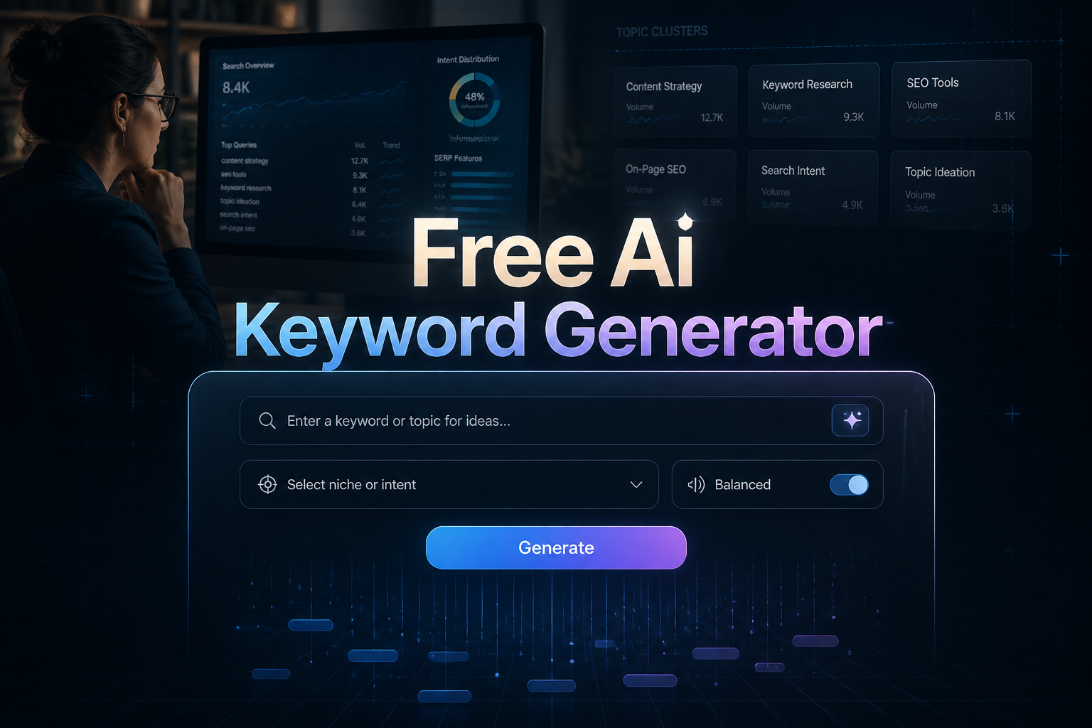Centered hero graphic for a free AI keyword generator showing a sleek UI panel with "Free Ai Keyword Generator," one keyword ideas input, niche or intent dropdown, tone or volume toggle, and Generate button over a strategist workspace with search results and topic cards.