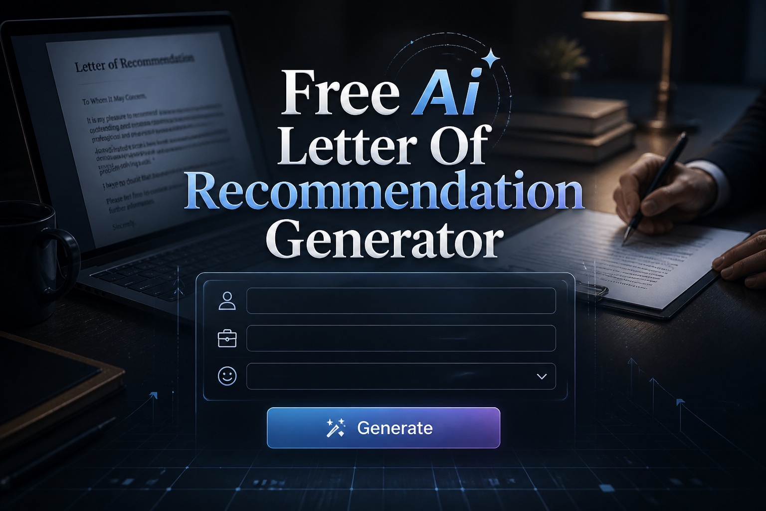 A sleek hero graphic shows "Free Ai Letter Of Recommendation Generator" above a polished smart UI with applicant name, relationship or role, tone dropdown, and Generate button, set over a professional desk scene for an AI letter of recommendation generator tool.