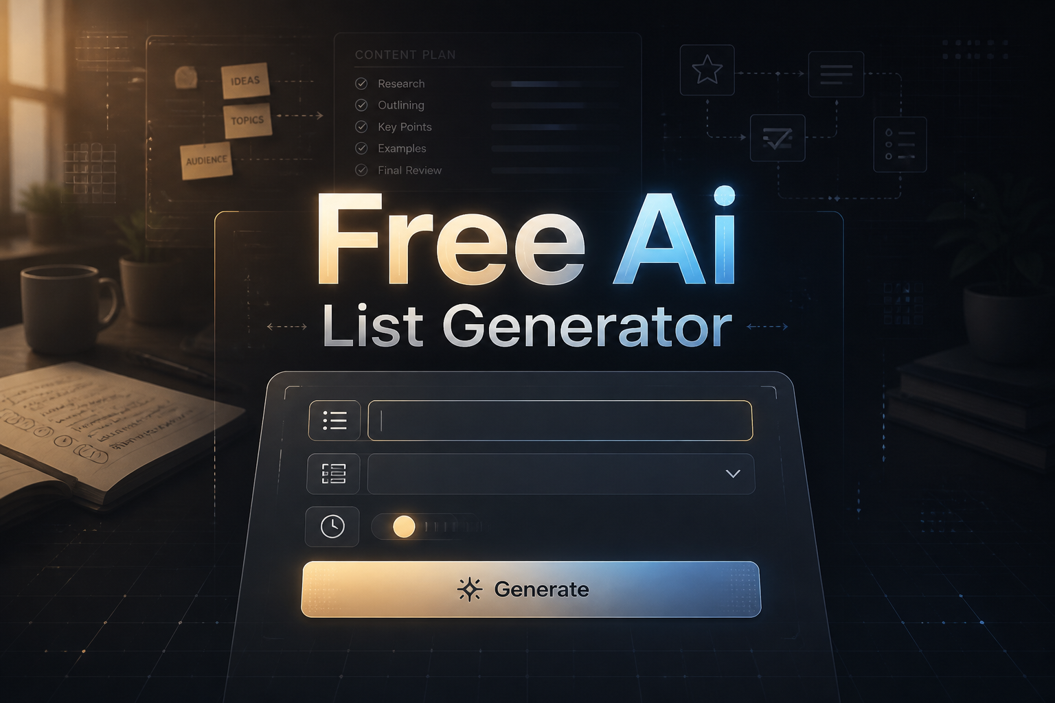 Centered hero image shows a sleek Free Ai List Generator panel with a list topic input, list style dropdown, output length toggle, and Generate button, set over a dark productivity grid with subtle alignment arrows for AI list creation.