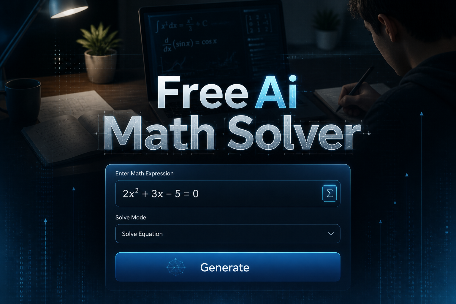 Centered hero graphic for a free AI math solver with the title "Free Ai Math Solver," a math expression input, solve mode dropdown, and Generate button, set over a sleek student desk scene with faint grid and matrix details.