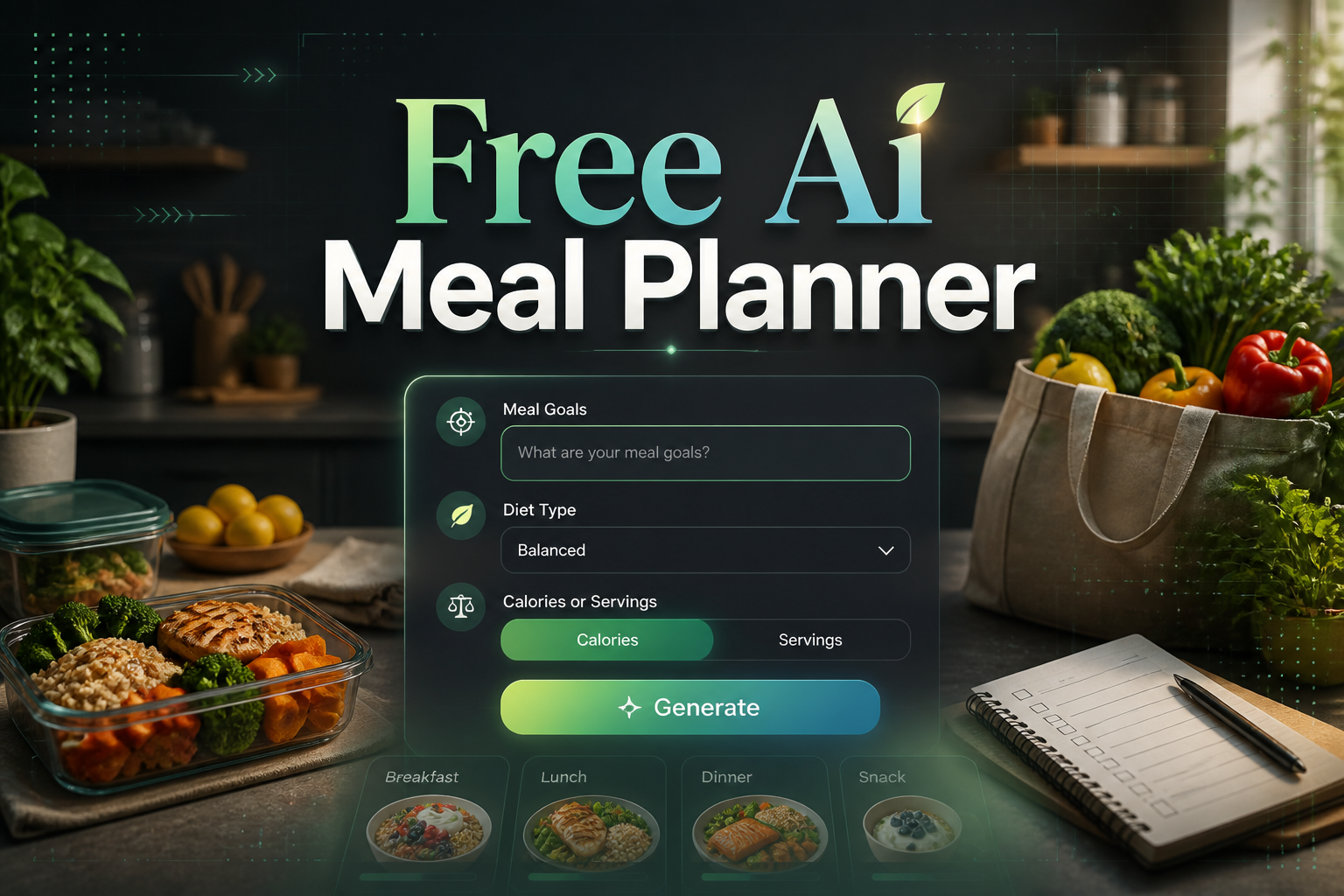 Hero image for a free AI meal planner showing a centered modern planning panel with meal goals, diet type dropdown, calories or servings toggle, and a Generate button over a sleek kitchen meal prep backdrop.