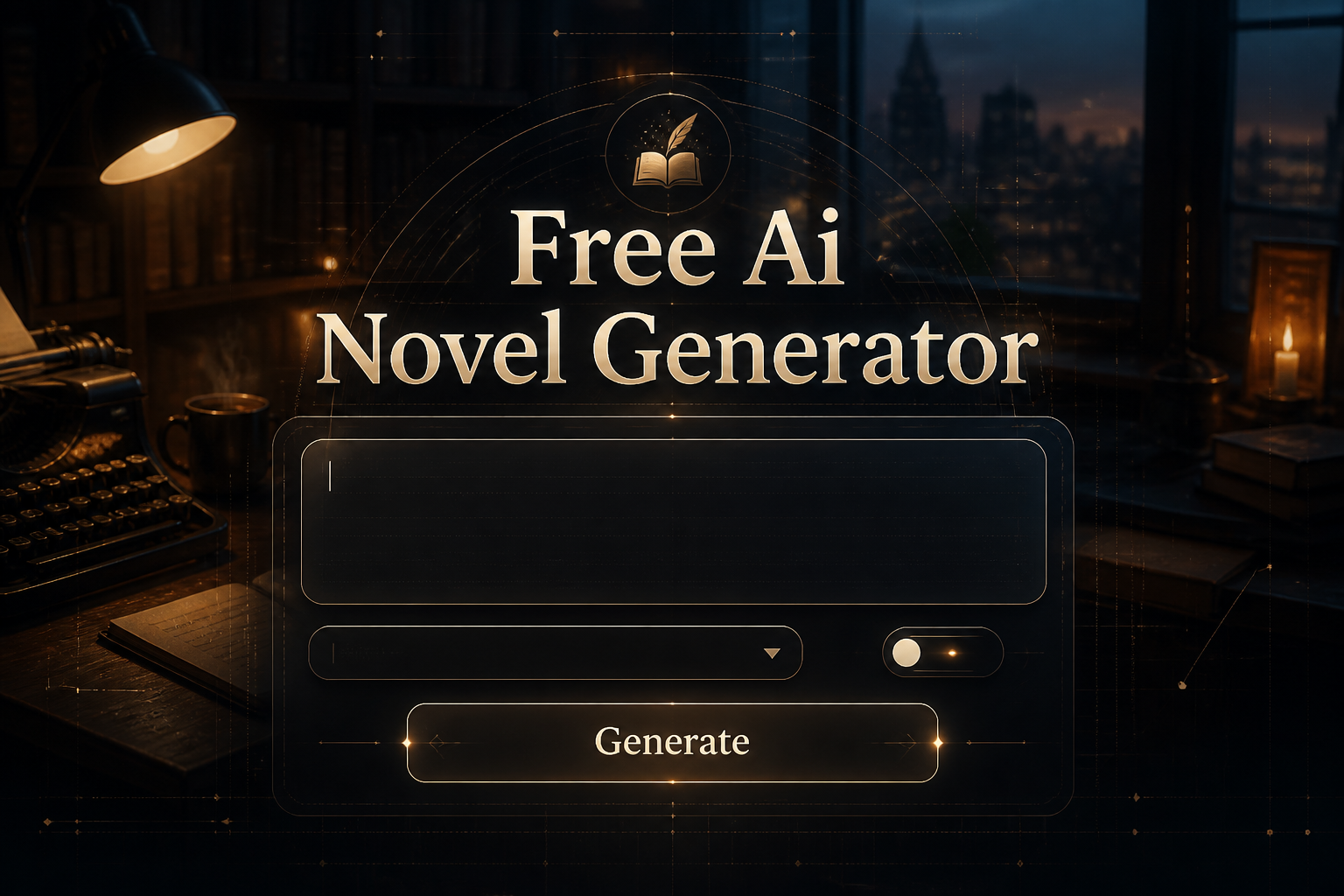 Centered hero graphic for a free AI novel generator showing a refined UI panel with a large prompt field, genre dropdown, creativity toggle, and Generate button over a writer's desk background with subtle grid lines and premium styling.