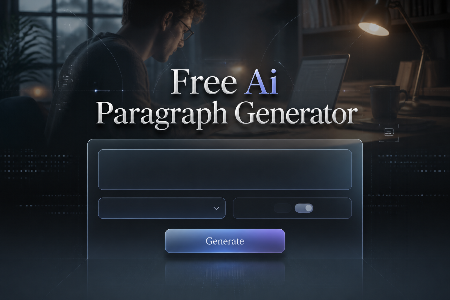 Featured hero image with "Free Ai Paragraph Generator" in a sleek AI interface, showing a paragraph topic field, tone dropdown, style toggle, and Generate button over a polished writer-at-work scene, ideal for a free AI paragraph generator tool.