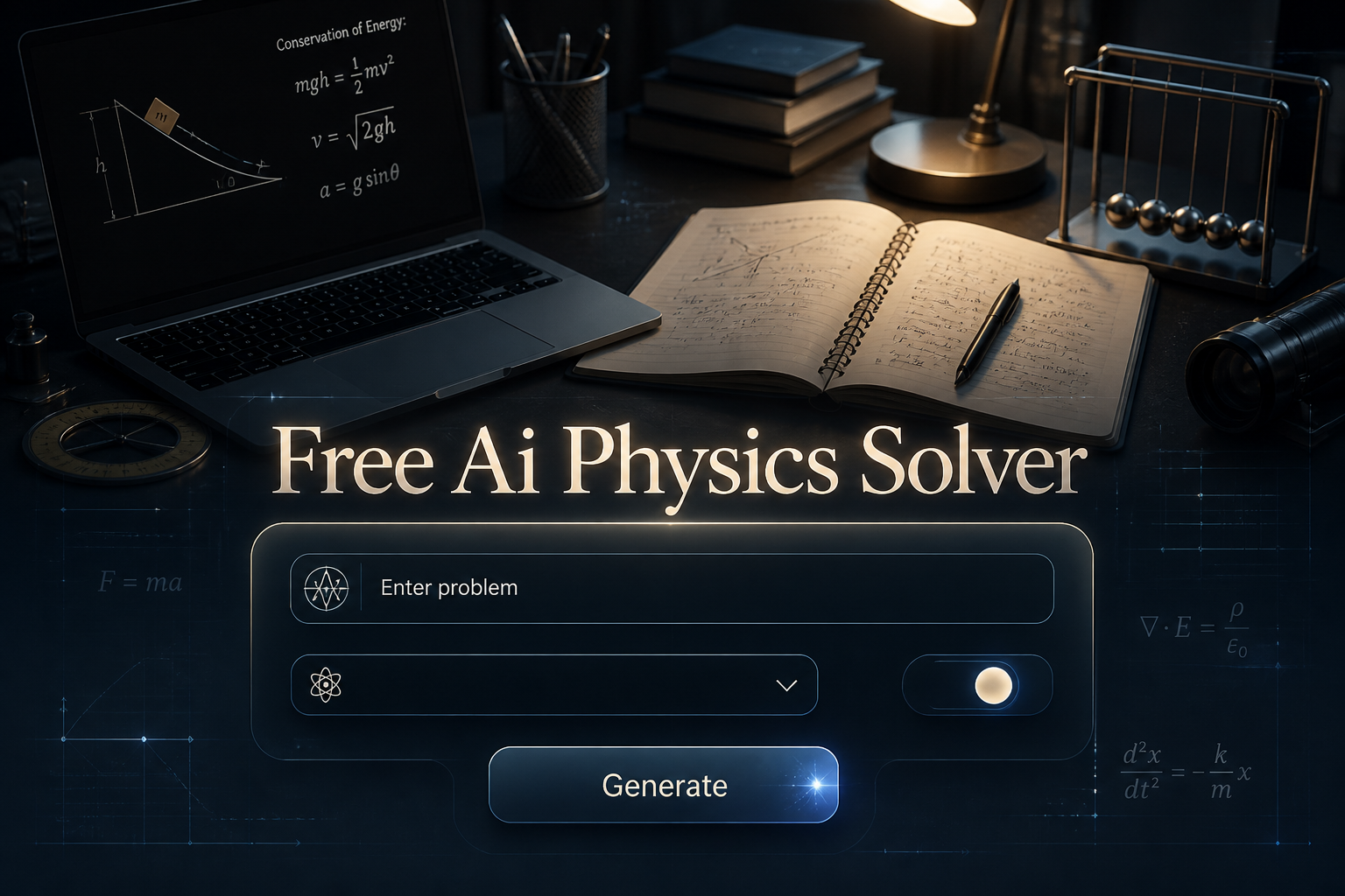 Centered hero graphic for a free AI physics solver showing a sleek input panel with "Free Ai Physics Solver," an equation field, physics topic dropdown, units toggle, and Generate button over a realistic student desk with faint grid lines and instruments.