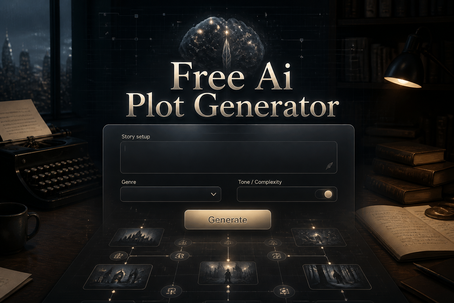 Centered hero graphic for a Free Ai Plot Generator with the title text, a refined input panel for story setup, genre dropdown, tone toggle, and Generate button, set over a sleek creative-writing scene with subtle grid lines and smart UI details.