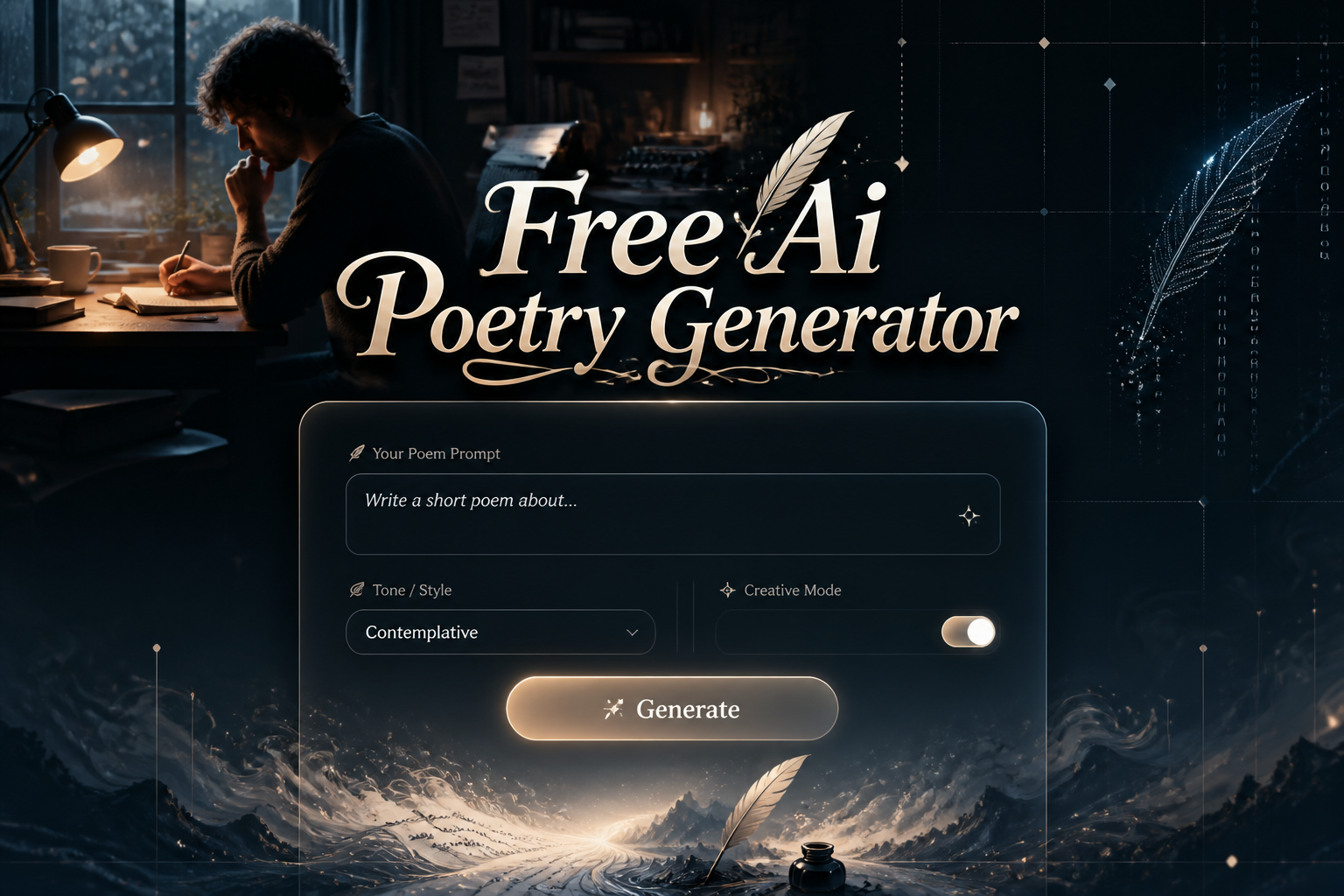 Centered hero image with the title Free Ai Poetry Generator, a refined UI panel for a short poem prompt, tone dropdown, creative mode toggle, and Generate button, plus a premium free AI poem generator interface over a writer workspace.