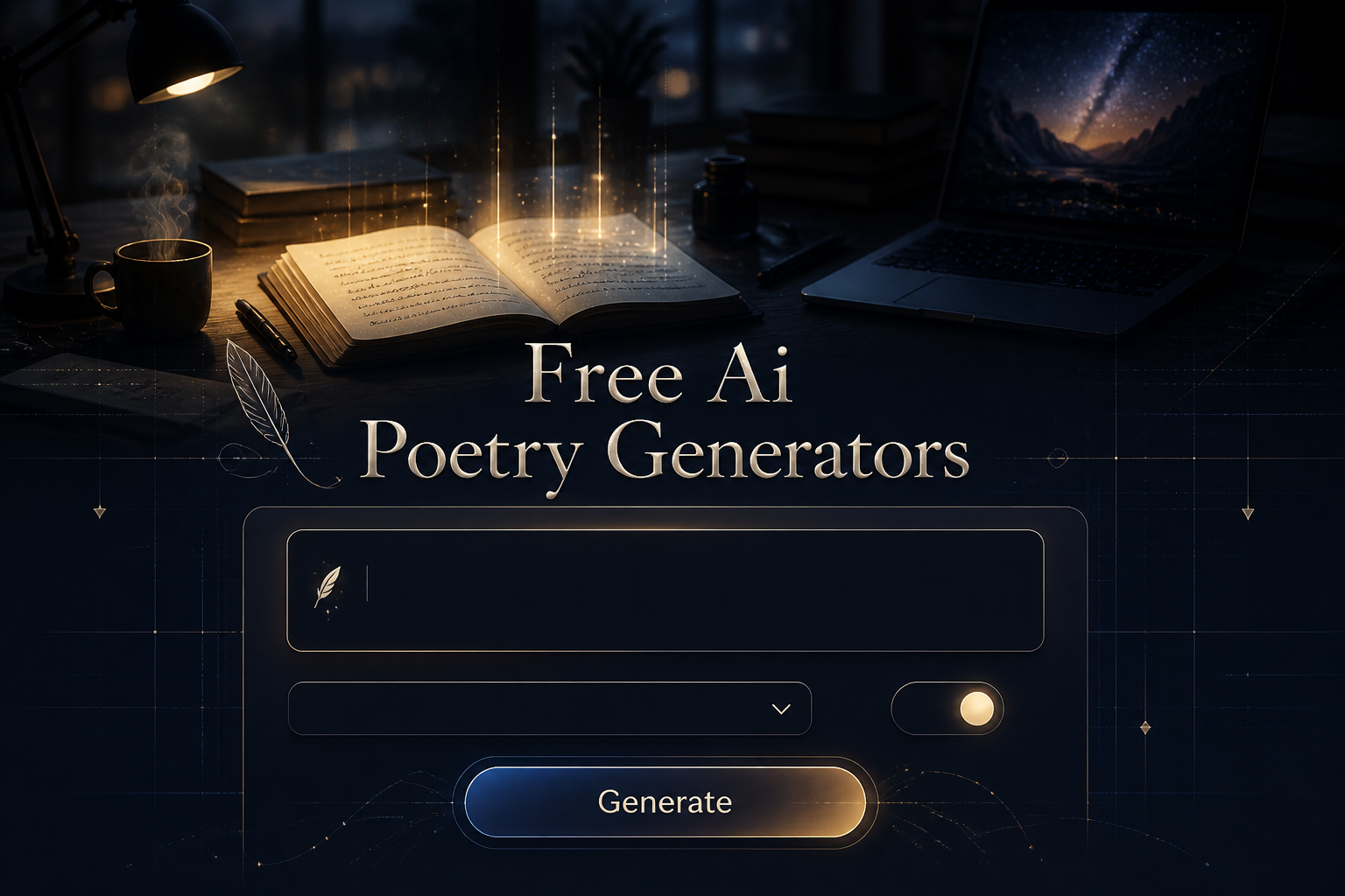 Centered featured hero image with the title Free Ai Poetry Generators over a sleek poetry tool panel, showing a prompt field, style dropdown, tone toggle, and Generate button against a glowing writer's desk with futuristic grid accents.