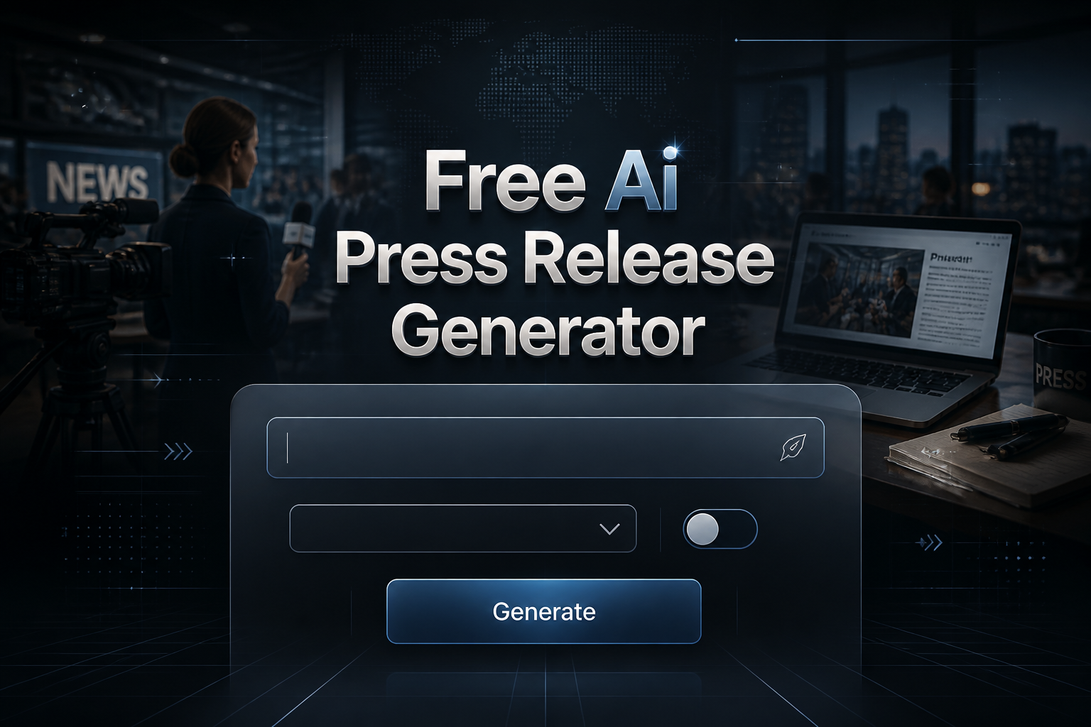 Featured hero image for a free ai press release generator tool showing a centered sleek UI panel with a headline input, clean dropdown, toggle switch, and Generate button, set over a fading newsroom backdrop with subtle grid lines.