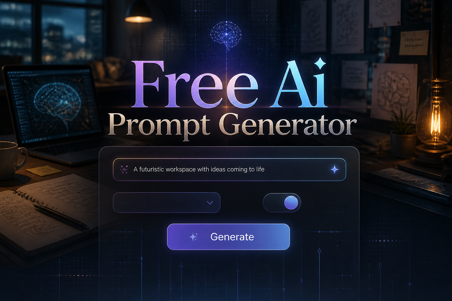 Centered hero graphic for a free ai prompt generator tool with a refined prompt input, tone dropdown, output style toggle and Generate button, over a sleek creator workspace background with subtle grid lines and glowing idea cues.