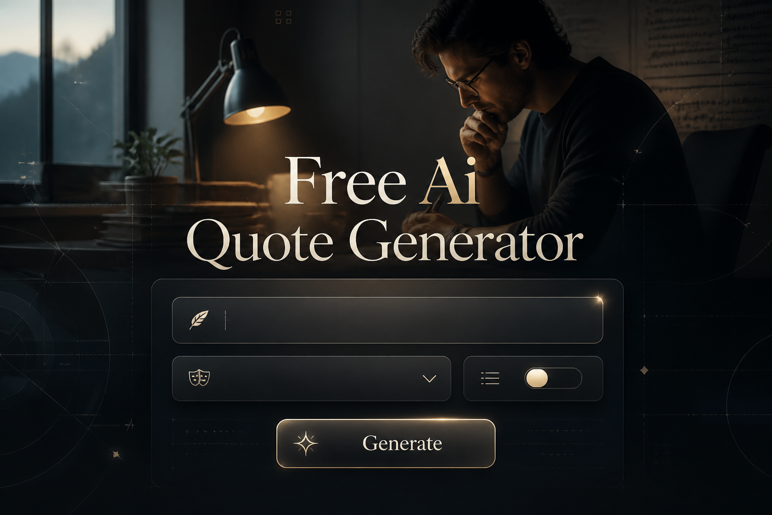 Centered hero image of a Free Ai Quote Generator UI with a large title, prompt field, tone dropdown, length toggle, and Generate button, set over a polished inspiration scene with subtle grid lines and premium quote generator interface details.