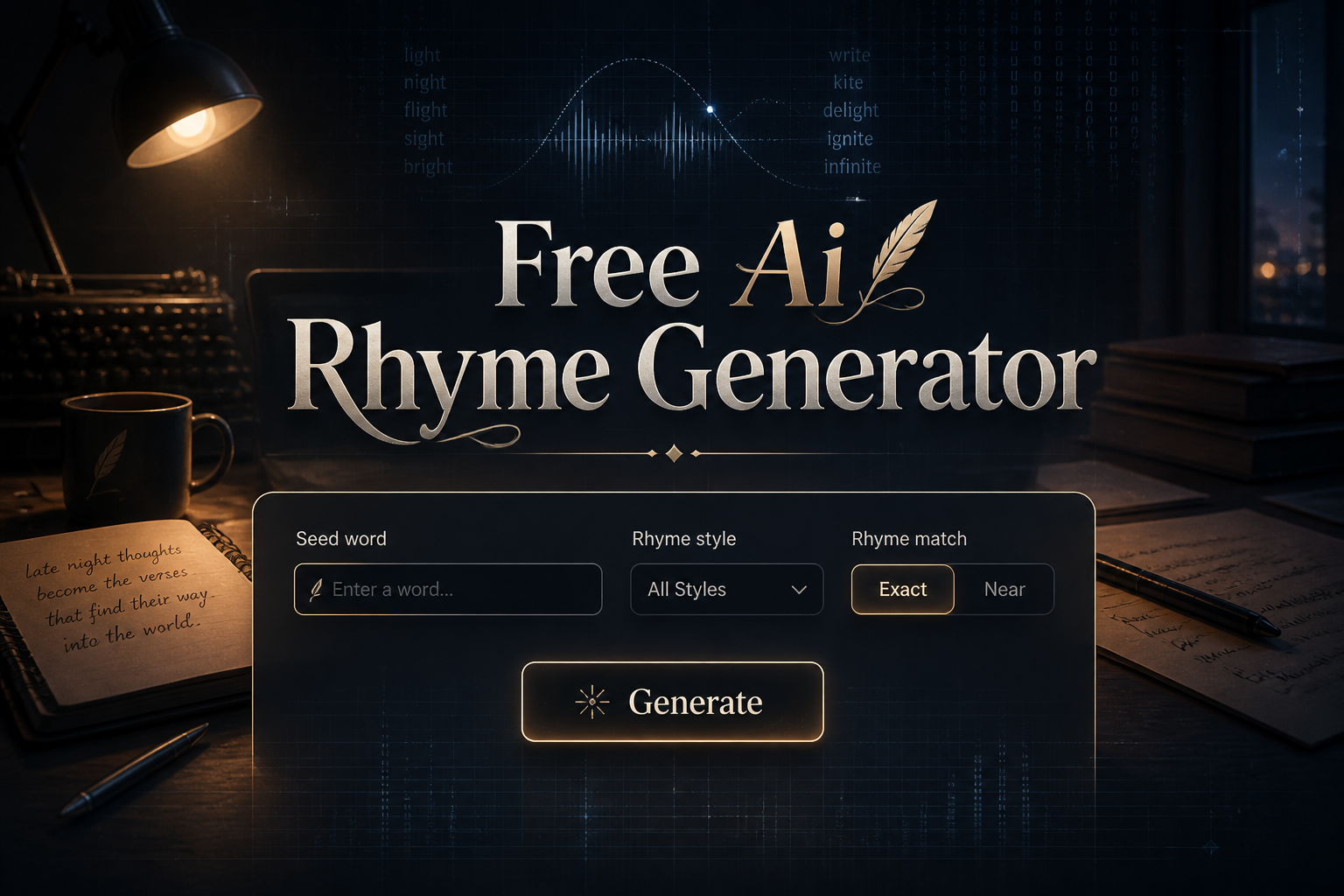 Featured hero graphic for a free ai rhyme generator showing a centered sleek UI panel with seed word input, rhyme style dropdown, exact or near rhyme toggle, and Generate button over a creative writing workspace background, ideal for AI rhyme generation tool use.