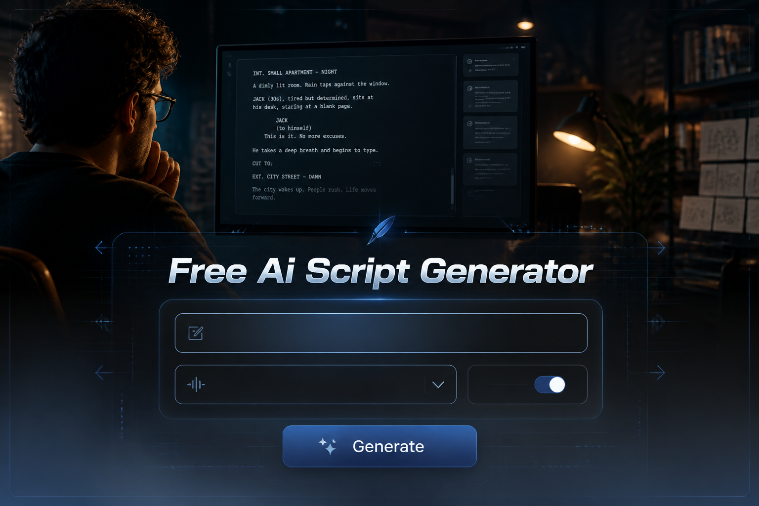 Centered hero graphic for a free AI script generator showing the title, a script topic input, tone dropdown, format toggle, and Generate button over a refined UI panel fading into a writer-at-screen scene with sleek grid accents and premium tool styling.