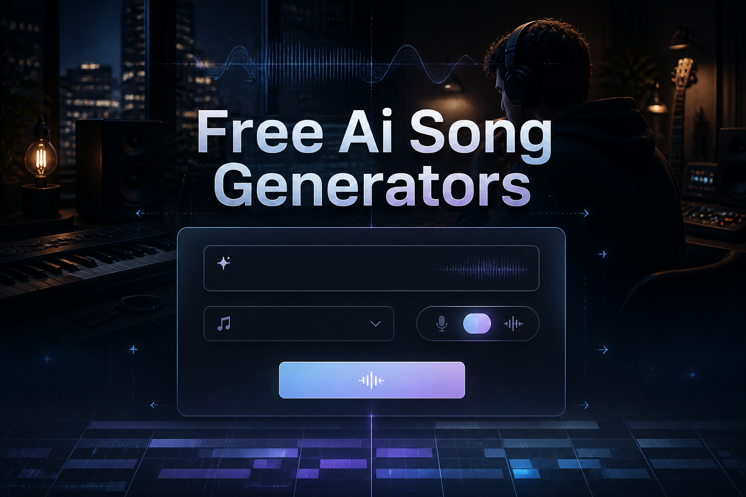 Centered on a dark modern music-creation scene, a sleek panel shows "Free Ai Song Generators," a song prompt field, style dropdown, vocal/instrumental toggle, and Generate button, with subtle grid lines and premium ai song generator tools UI.