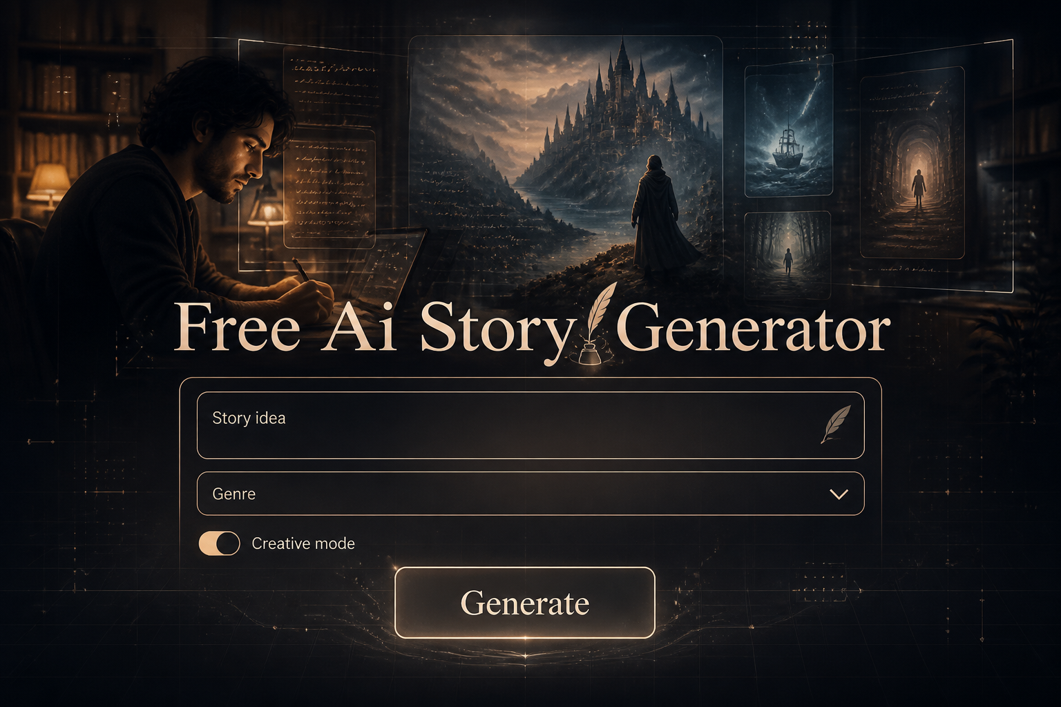 Centered hero graphic for a free ai story generator with the title "Free Ai Story Generator," a Story idea field, Genre dropdown, Creative mode toggle, and Generate button over a sleek writer-at-work scene with glowing narrative screens.