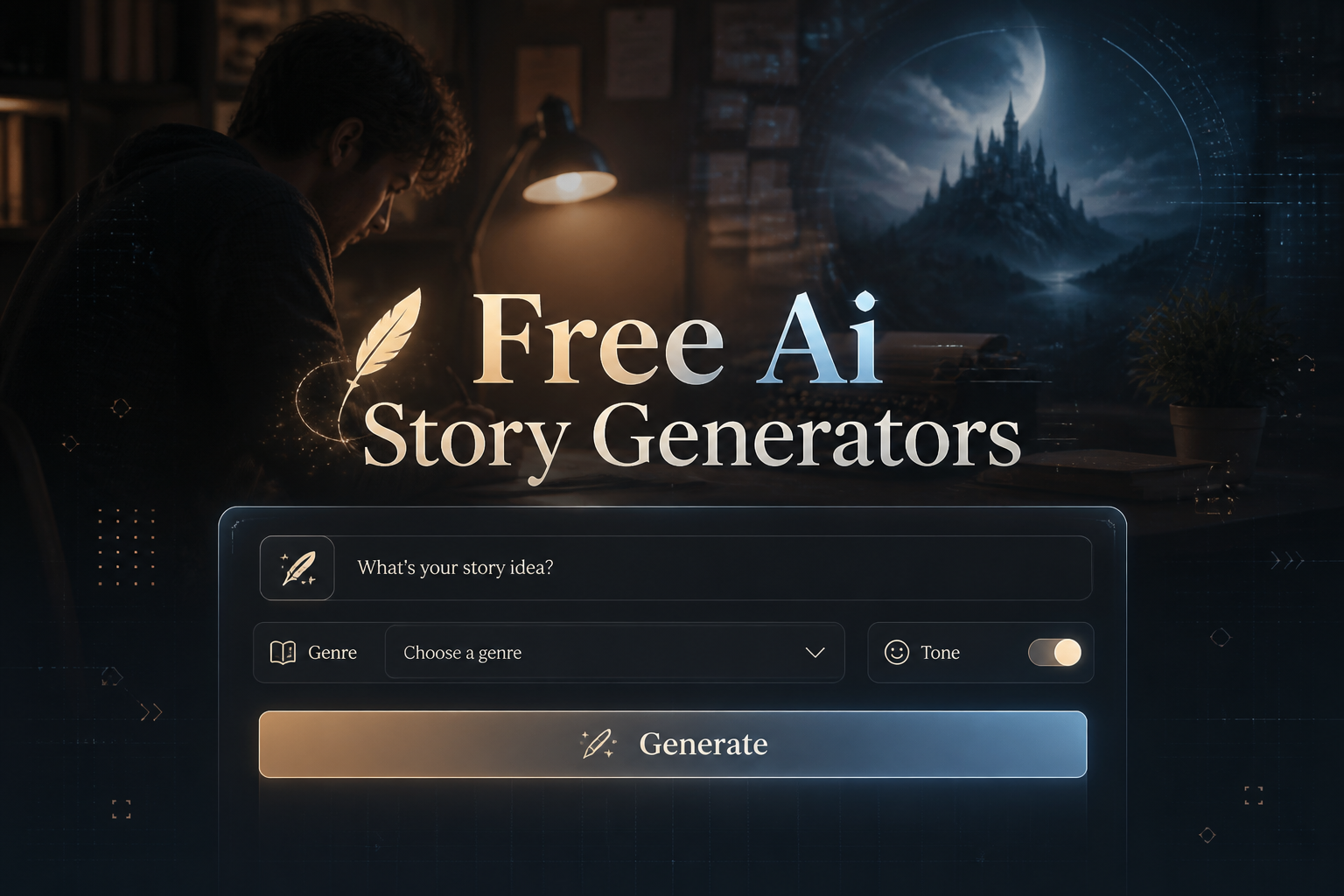 Centered premium UI hero image with the title Free Ai Story Generators, a story idea input, genre dropdown, tone toggle, and Generate button, set over a writer-at-desk scene with subtle grid elements for free AI story generator tools.
