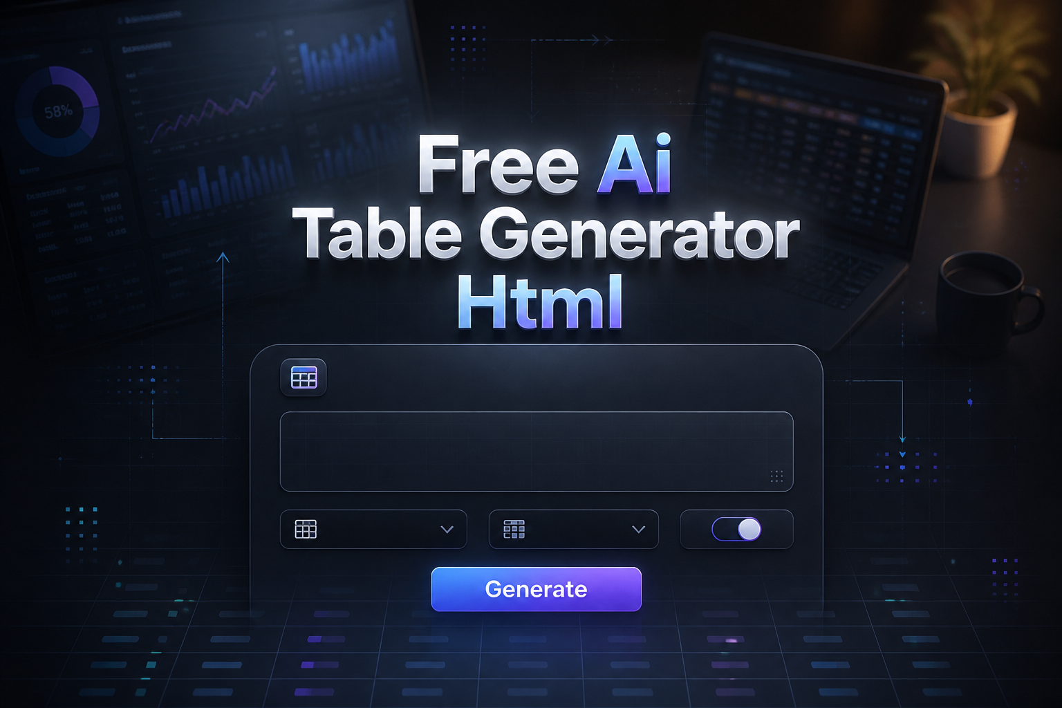 Centered hero graphic for a free AI table generator HTML tool showing the title Free Ai Table Generator Html, a prompt input, rows and columns dropdown, style toggle, and Generate button over a sleek analytics dashboard UI with subtle grid lines.