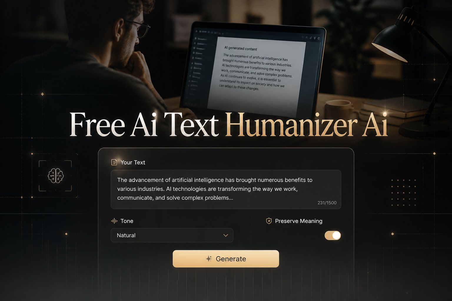 Centered hero graphic for a free AI text humanizer tool showing the title "Free Ai Text Humanizer Ai," a sample text input, tone dropdown, preserve meaning toggle, and Generate button, with a writer refining AI copy on a laptop in the background.