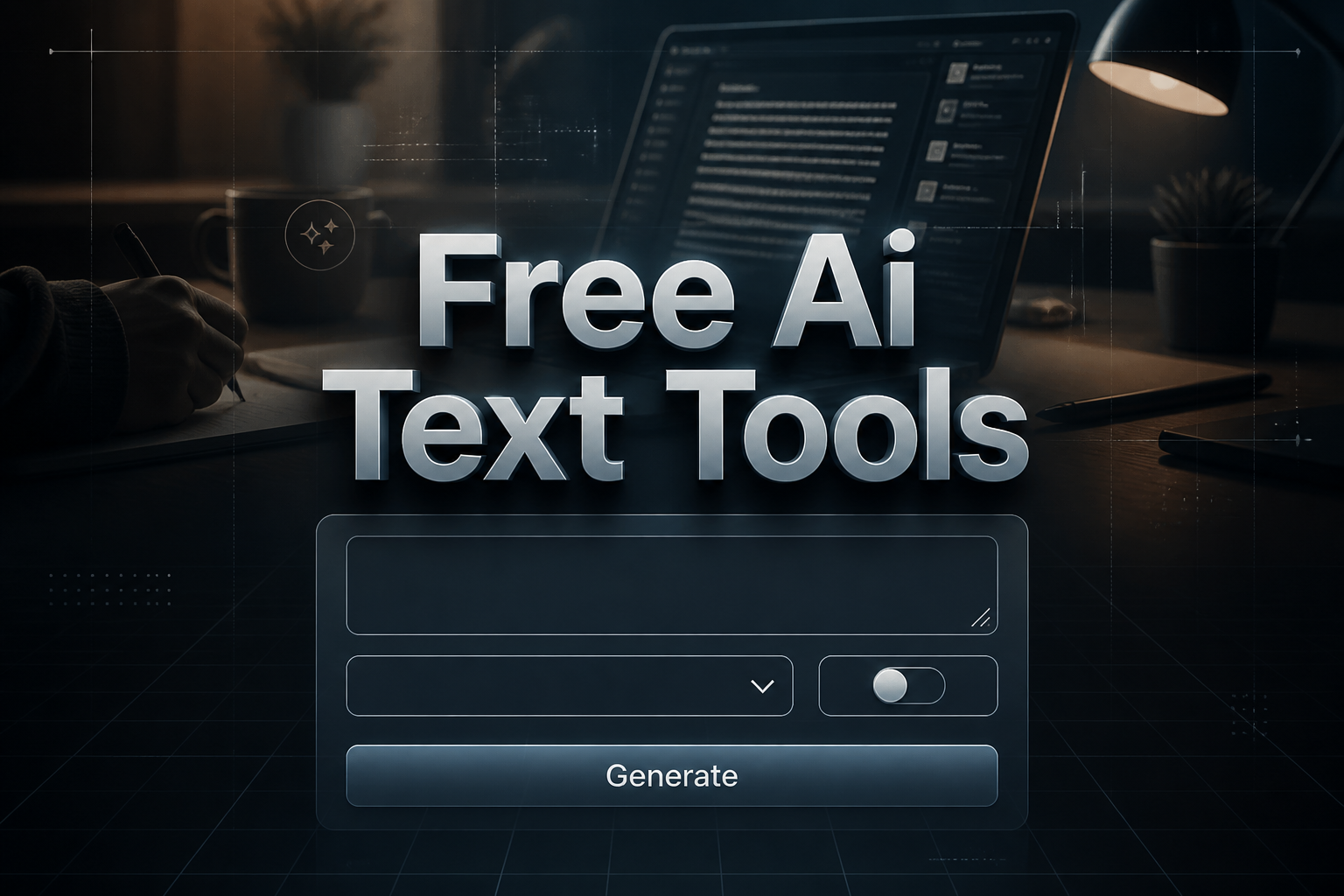 Centered hero graphic for Free Ai Text Tools showing a sleek AI writing panel with a prompt field, dropdown, mode toggle, and Generate button over a dark content-creation background with subtle grid lines and soft shadows, ideal for free AI text generation tools and AI writing assistants