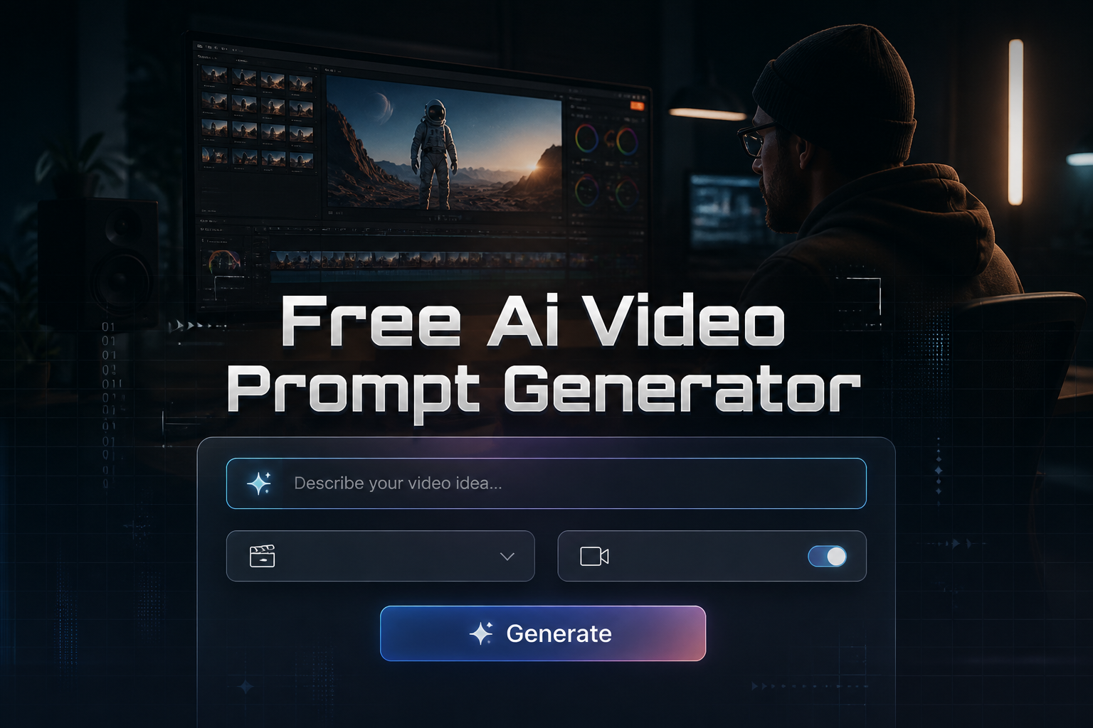 Centered featured hero image for a free AI video prompt generator, showing a polished interface panel with prompt field, style dropdown, video mode toggle and Generate button over a creator workstation scene.