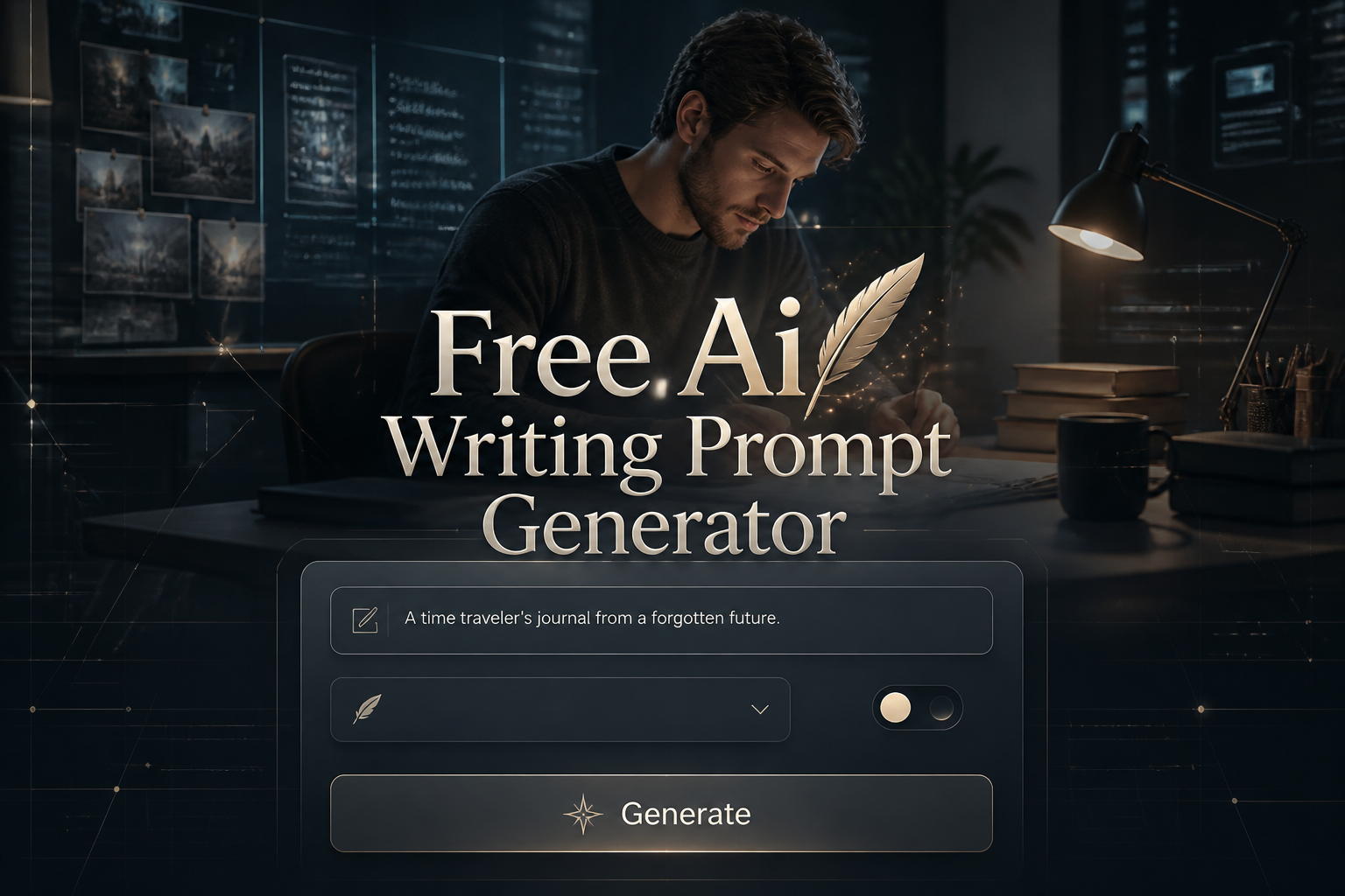 Centered hero image of a free ai writing prompt generator UI with a glowing prompt field, style dropdown, creativity toggle, and Generate button over a writer-at-desk scene, styled as a premium AI writing prompt generator interface.