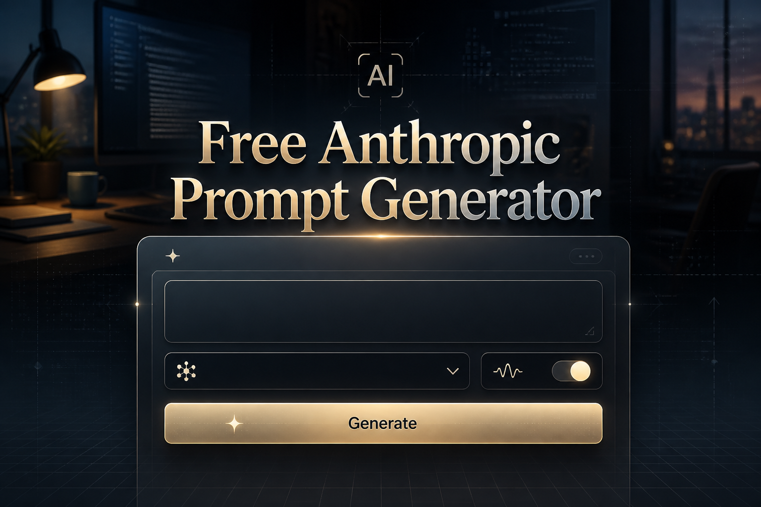 Centered hero graphic with the title Free Anthropic Prompt Generator above a sleek prompt input, model style dropdown, tone toggle, and Generate button, set over a dark AI writing workflow background for Anthropic prompt engineering.