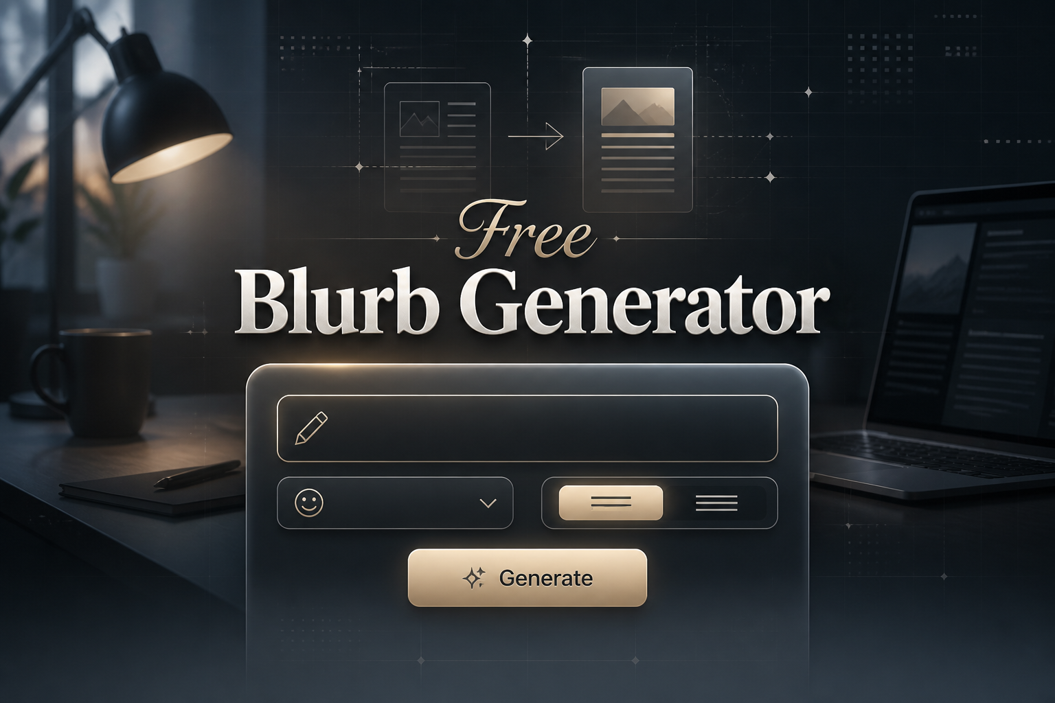 Centered hero graphic for a free blurb generator with the title Free Blurb Generator above a sleek UI panel featuring a topic input, tone dropdown, length toggle, and Generate button over a refined content creation background.