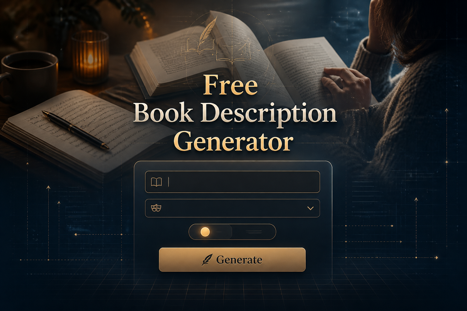 Centered hero graphic for a Free Book Description Generator with a sleek UI panel showing a title input, genre dropdown, tone or length toggle, and Generate button over a subtle reader-and-book background, ideal for free book description generator and book description tool.