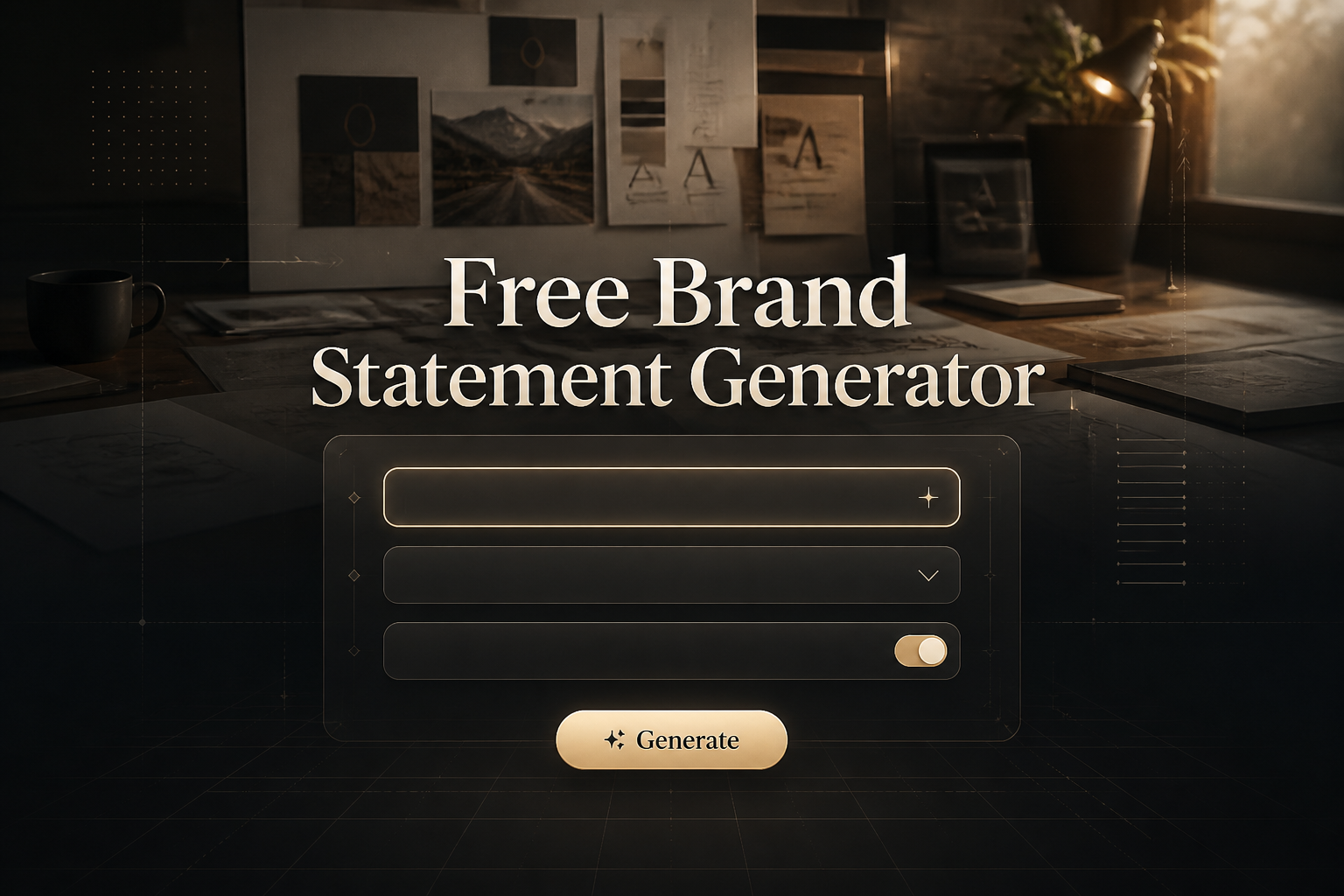 Centered hero graphic for a Free Brand Statement Generator with elegant shadowed title text, a sleek UI panel with brand descriptor input, tone dropdown, audience focus toggle, and Generate button, set over a creative strategy workspace background.