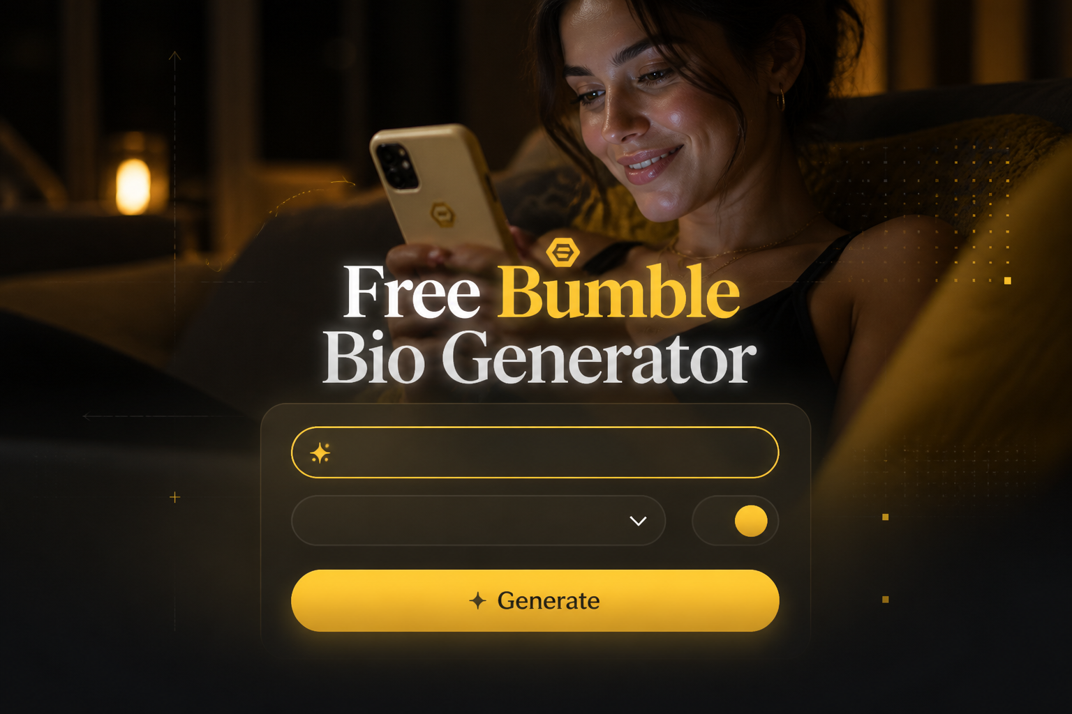 Centered hero image for a free Bumble bio generator showing a polished UI panel with a "your vibe" input, dropdown, tone toggle, and Generate button, over a high-contrast dating app scene with subtle grid lines and premium shadows.