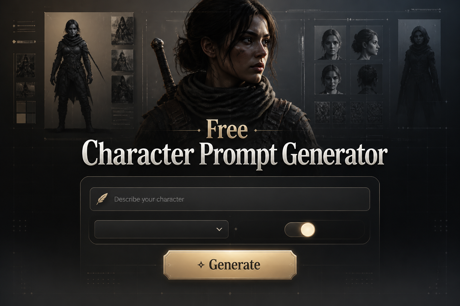 Centered premium AI interface with the text Free Character Prompt Generator, a prompt field reading Describe your character, a compact style dropdown, a tone toggle, and a Generate button, ideal for a free character prompt generator tool and character prompt generator UI.